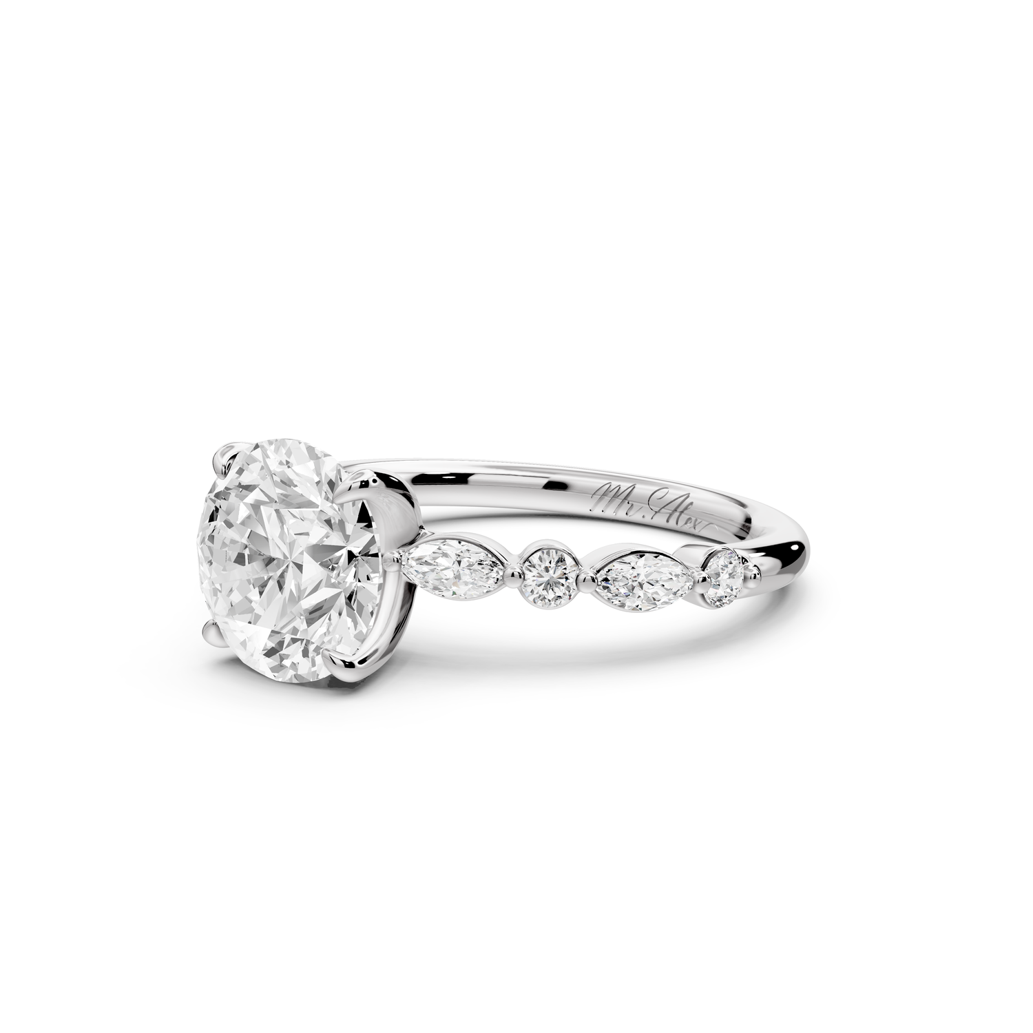 Amalia - 2ct 14k white gold round Round Diamond with Alternating 8-Stone Marquise and Round Diamond Band Engagement Ring
