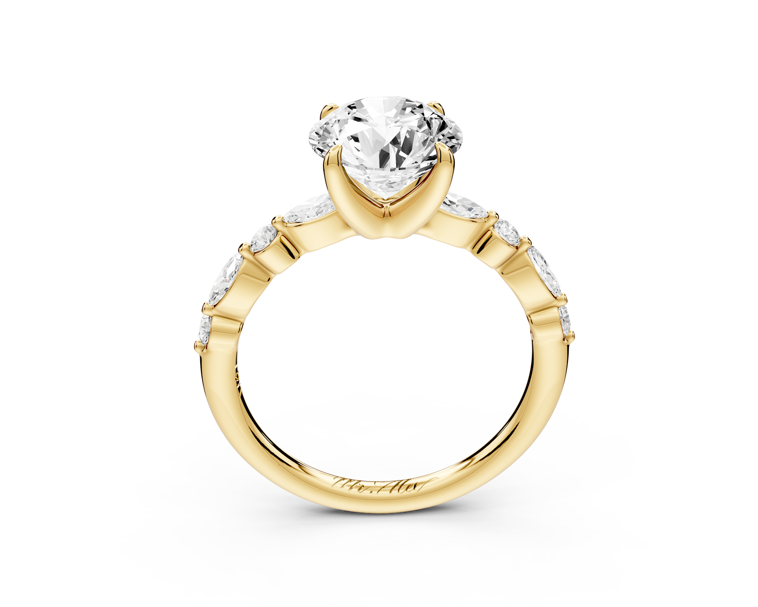 Amalia - 2ct 18k yellow gold round Round Diamond with Alternating 8-Stone Marquise and Round Diamond Band Engagement Ring