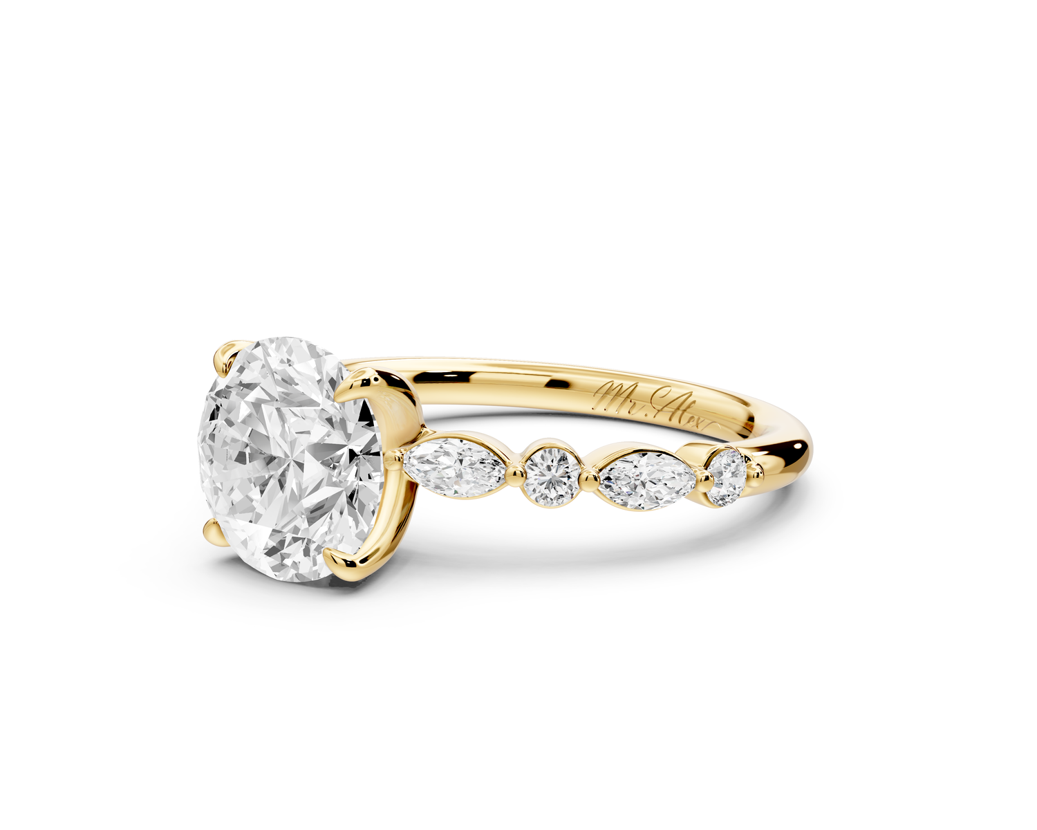 Amalia - 2ct 14k yellow gold round Round Diamond with Alternating 8-Stone Marquise and Round Diamond Band Engagement Ring