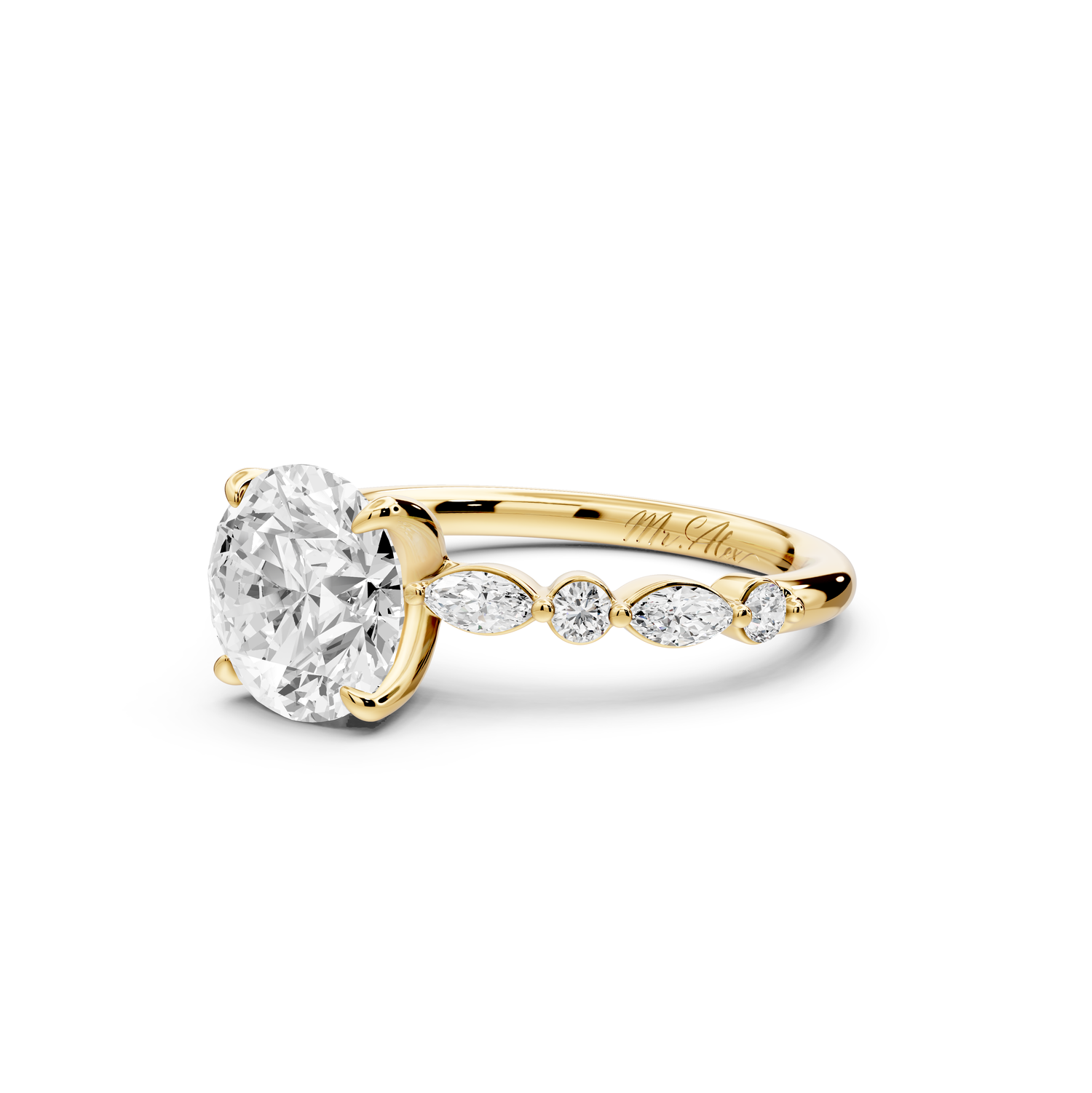 Amalia - 2ct 14k yellow gold round Round Diamond with Alternating 8-Stone Marquise and Round Diamond Band Engagement Ring