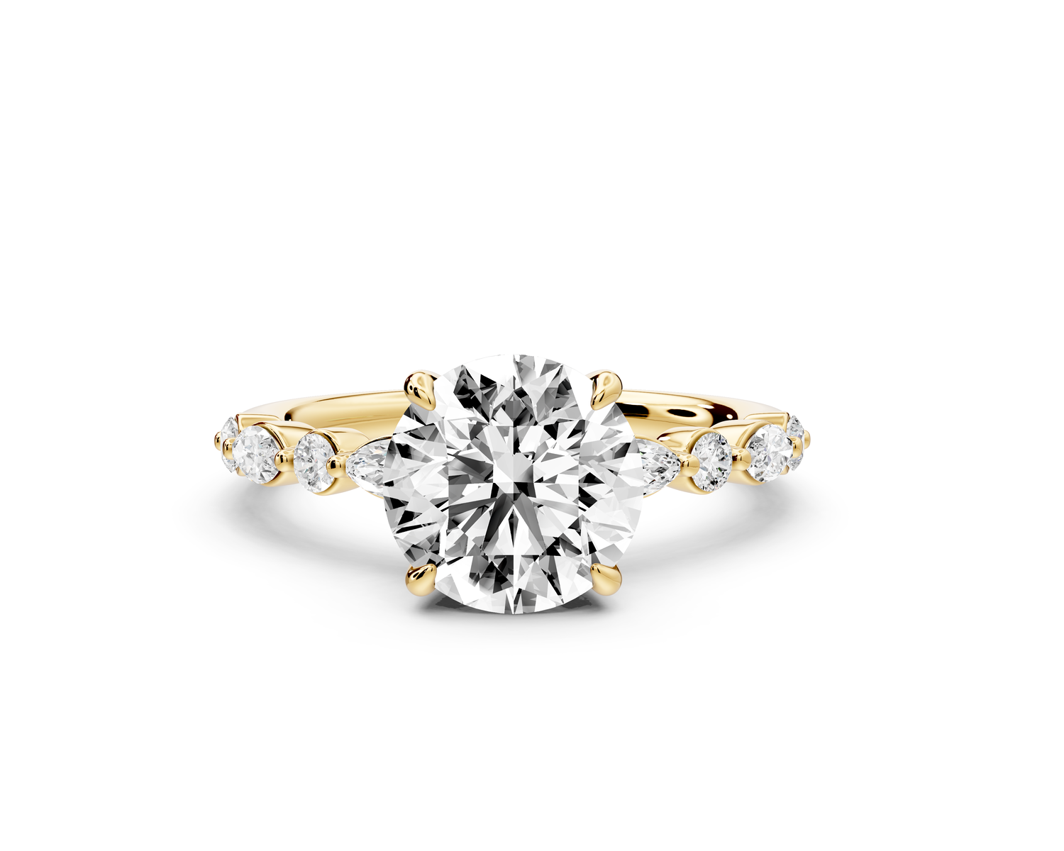 Amalia - 2ct 18k yellow gold round Round Diamond with Alternating 8-Stone Marquise and Round Diamond Band Engagement Ring