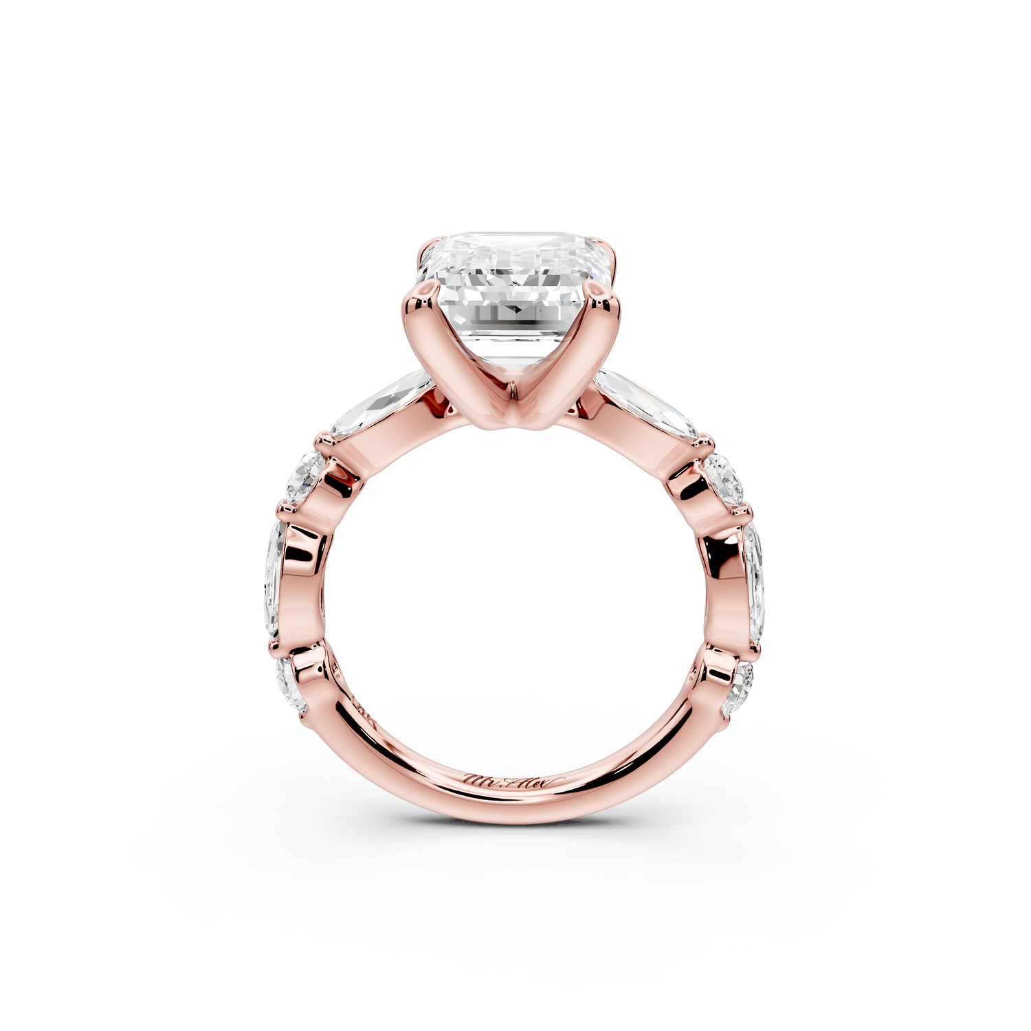 Amalia - 3ct 14k rose gold emerald Round Diamond with Alternating 8-Stone Marquise and Round Diamond Band Engagement Ring