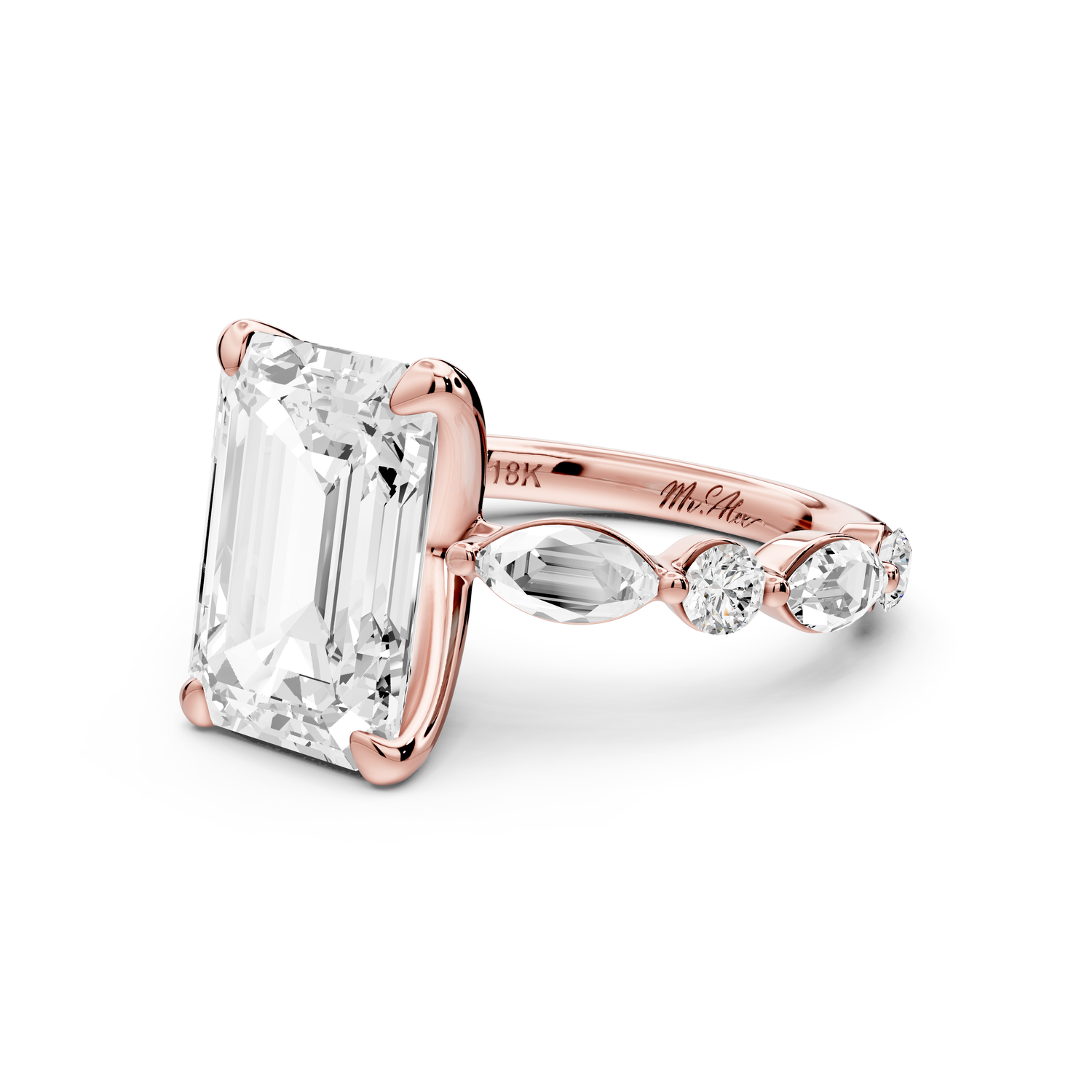 Amalia - 3ct 14k rose gold emerald Round Diamond with Alternating 8-Stone Marquise and Round Diamond Band Engagement Ring