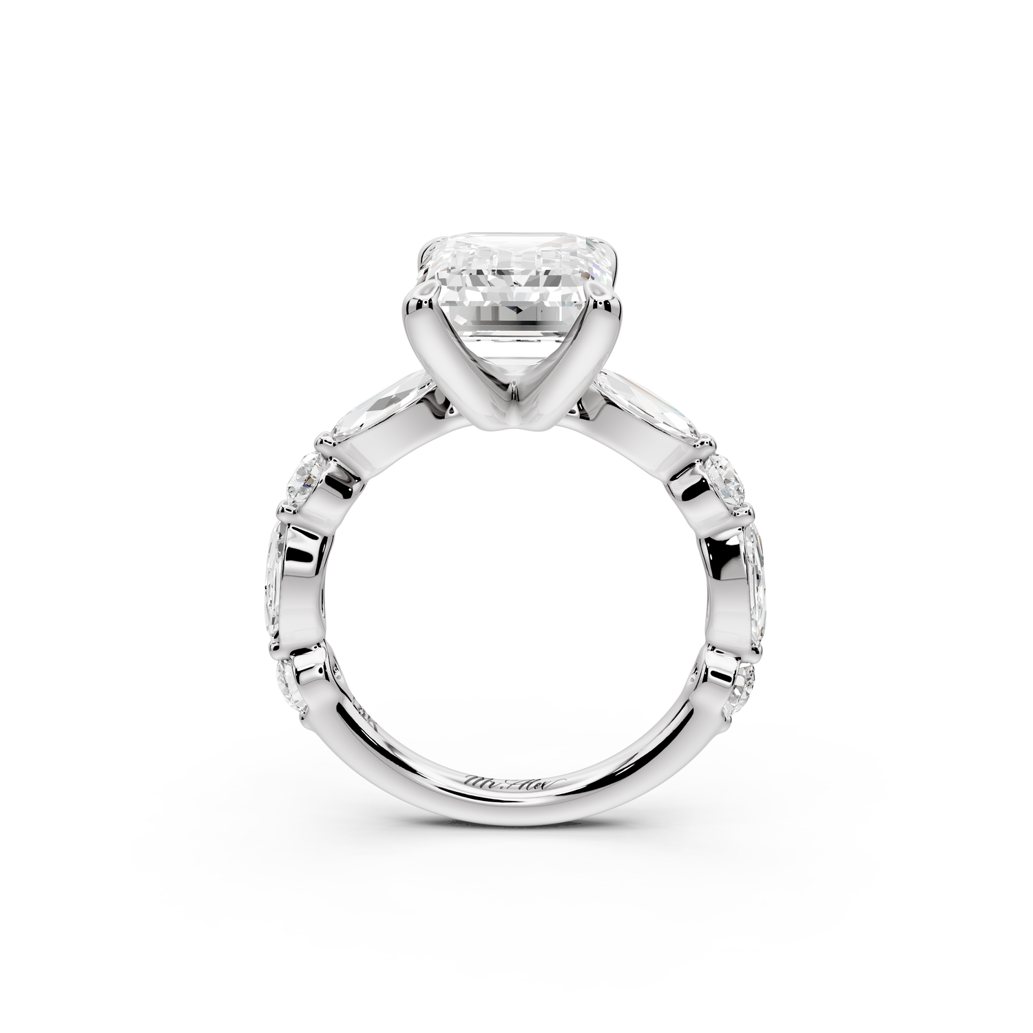 Amalia - 3ct 14k white gold emerald Round Diamond with Alternating 8-Stone Marquise and Round Diamond Band Engagement Ring