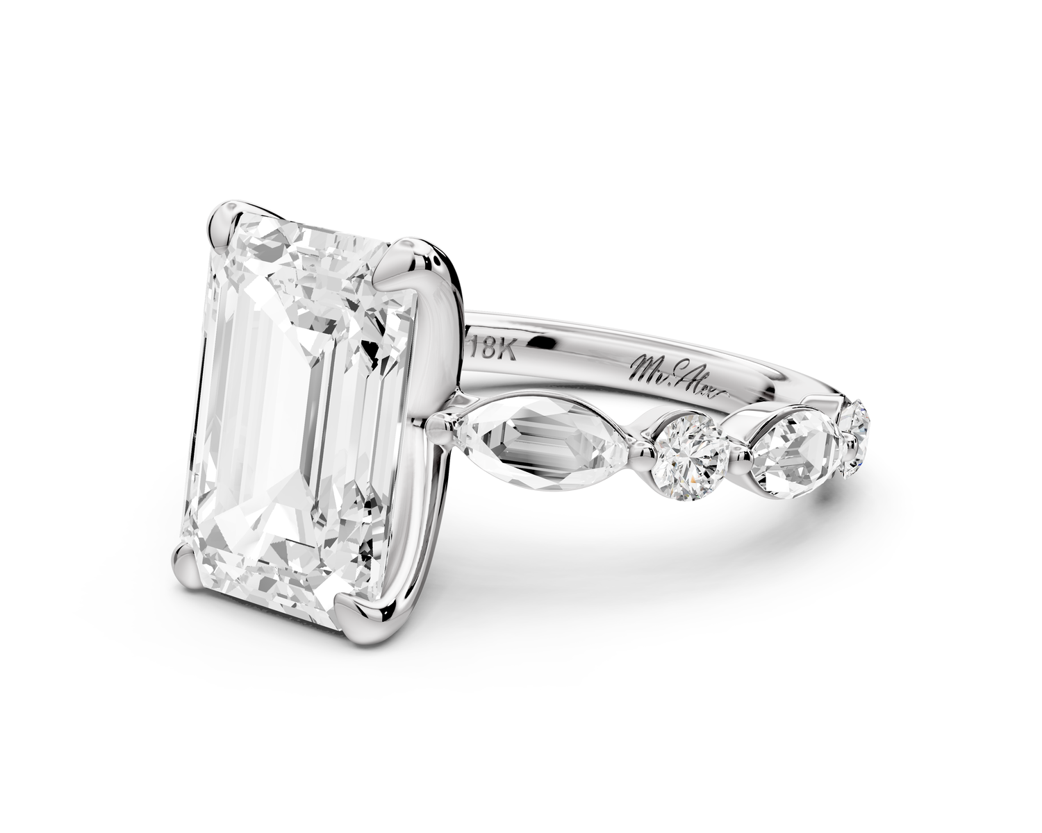 Amalia - 3ct 14k white gold emerald Round Diamond with Alternating 8-Stone Marquise and Round Diamond Band Engagement Ring