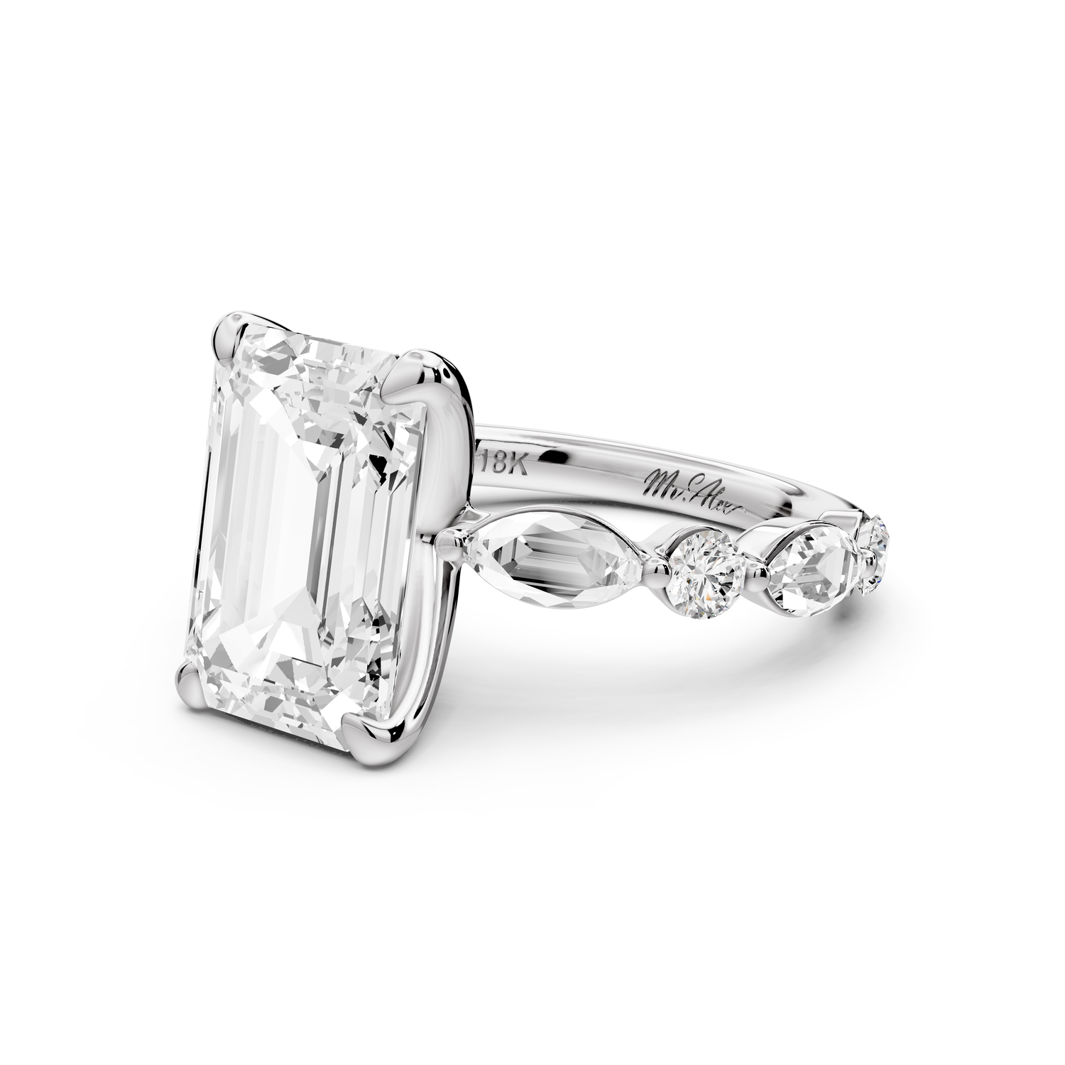 Amalia - 3ct 14k white gold emerald Round Diamond with Alternating 8-Stone Marquise and Round Diamond Band Engagement Ring