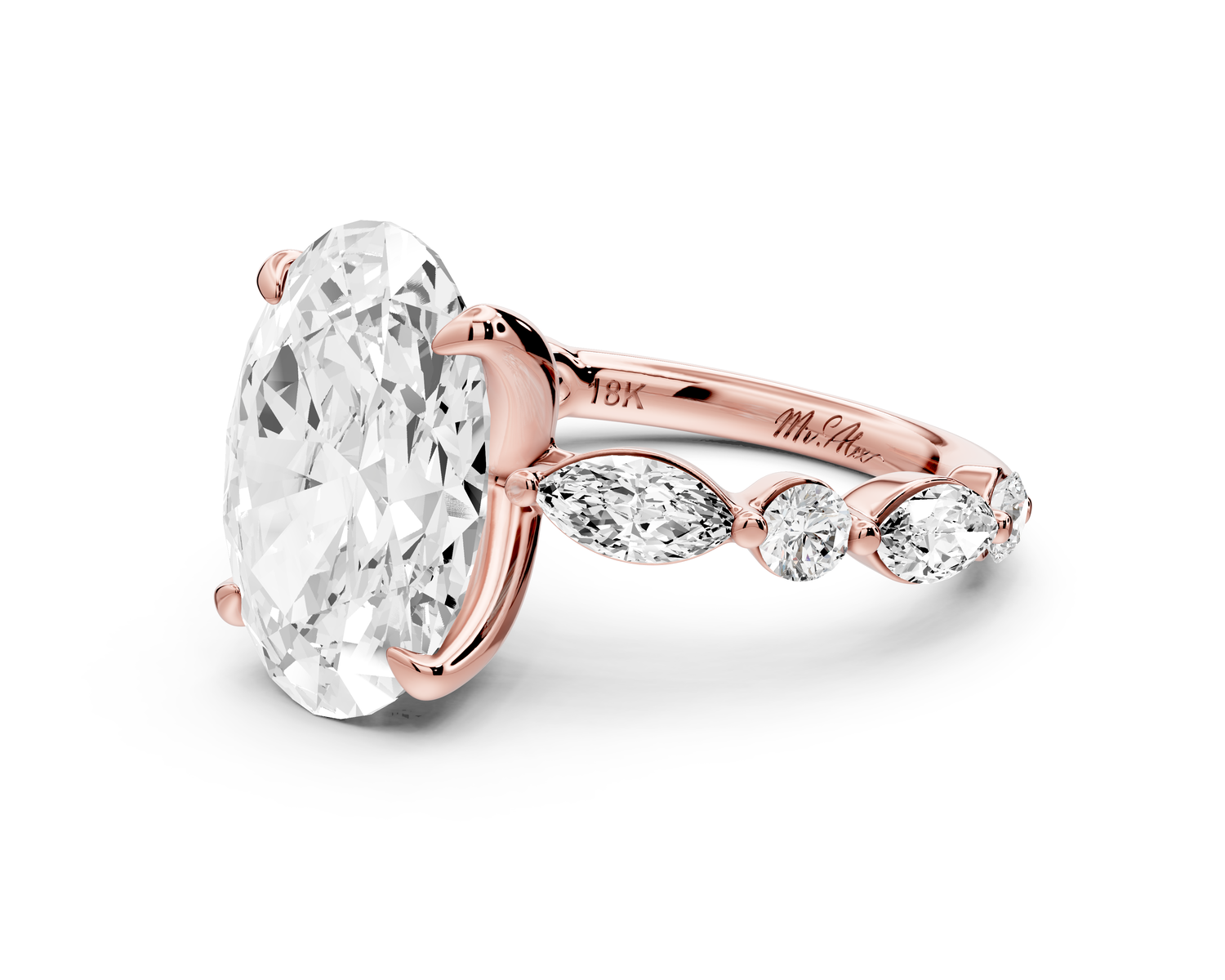 Amalia - 3ct 14k rose gold oval Round Diamond with Alternating 8-Stone Marquise and Round Diamond Band Engagement Ring