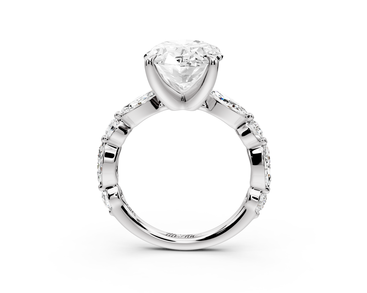 Amalia - 3ct 14k white gold oval Round Diamond with Alternating 8-Stone Marquise and Round Diamond Band Engagement Ring