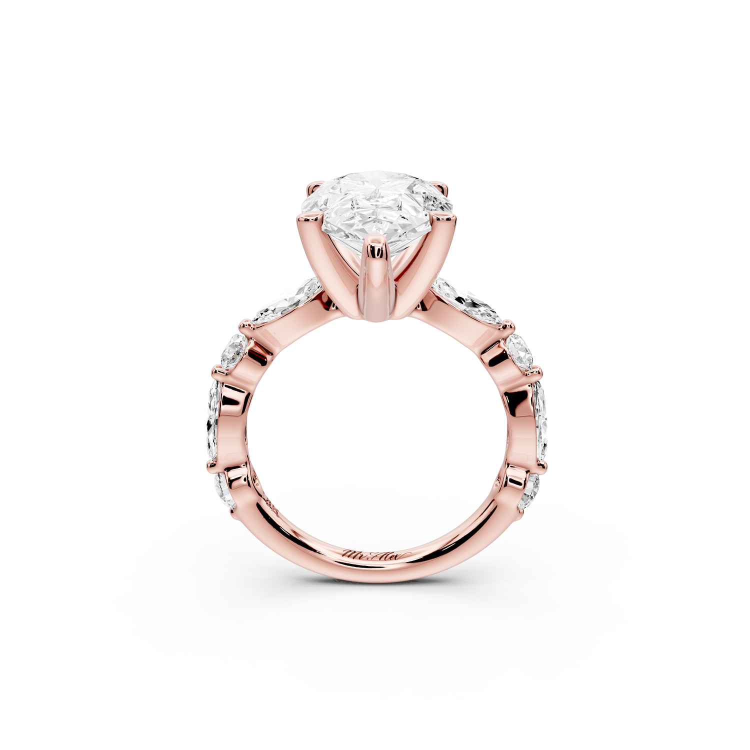 Amalia - 3ct 14k rose gold pear Round Diamond with Alternating 8-Stone Marquise and Round Diamond Band Engagement Ring