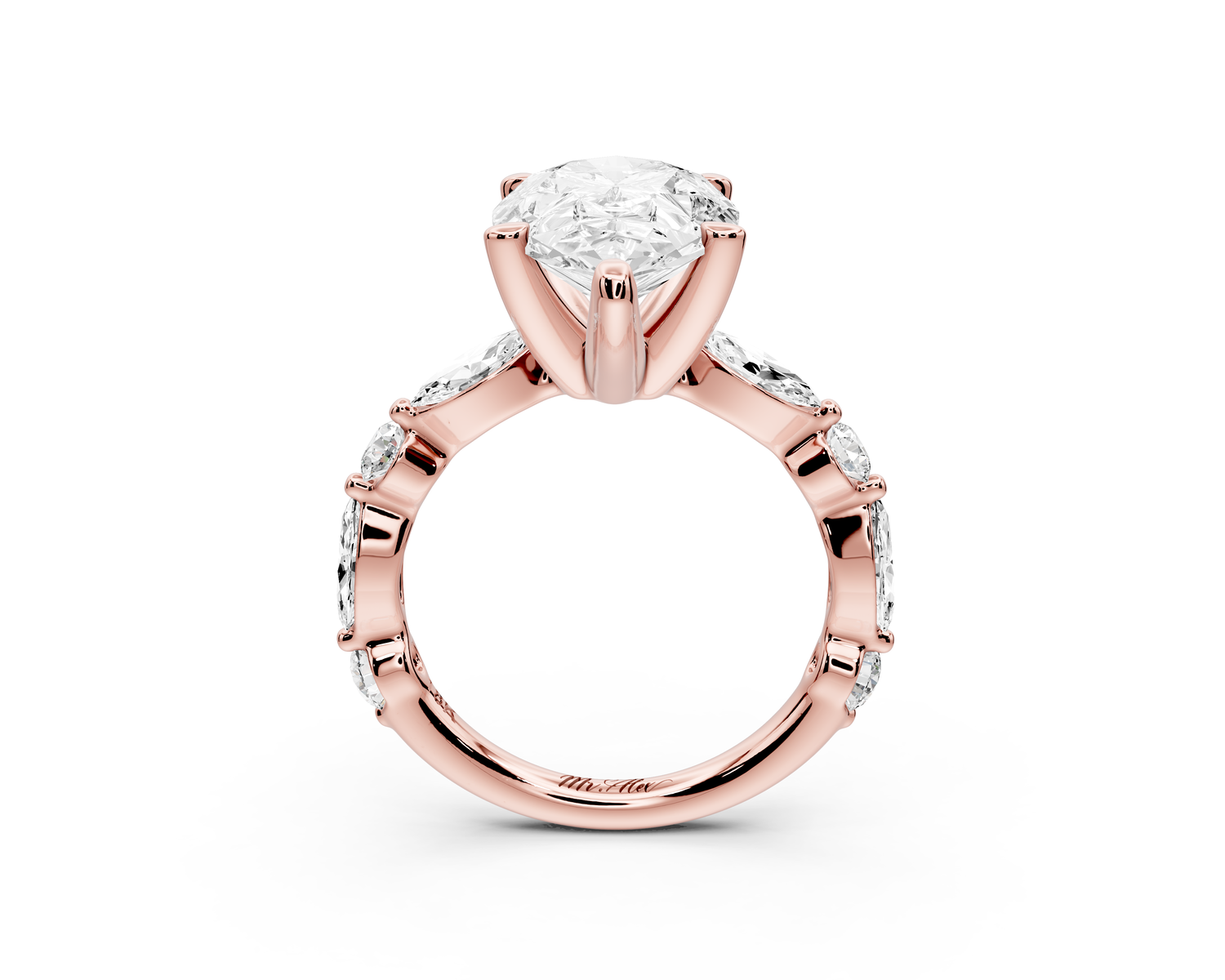 Amalia - 3ct 18k rose gold pear Round Diamond with Alternating 8-Stone Marquise and Round Diamond Band Engagement Ring