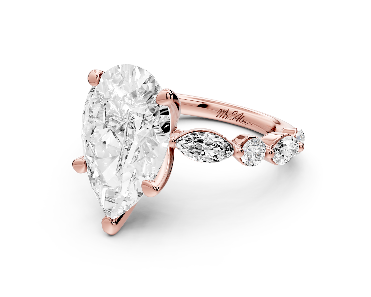 Amalia - 3ct 18k rose gold pear Round Diamond with Alternating 8-Stone Marquise and Round Diamond Band Engagement Ring