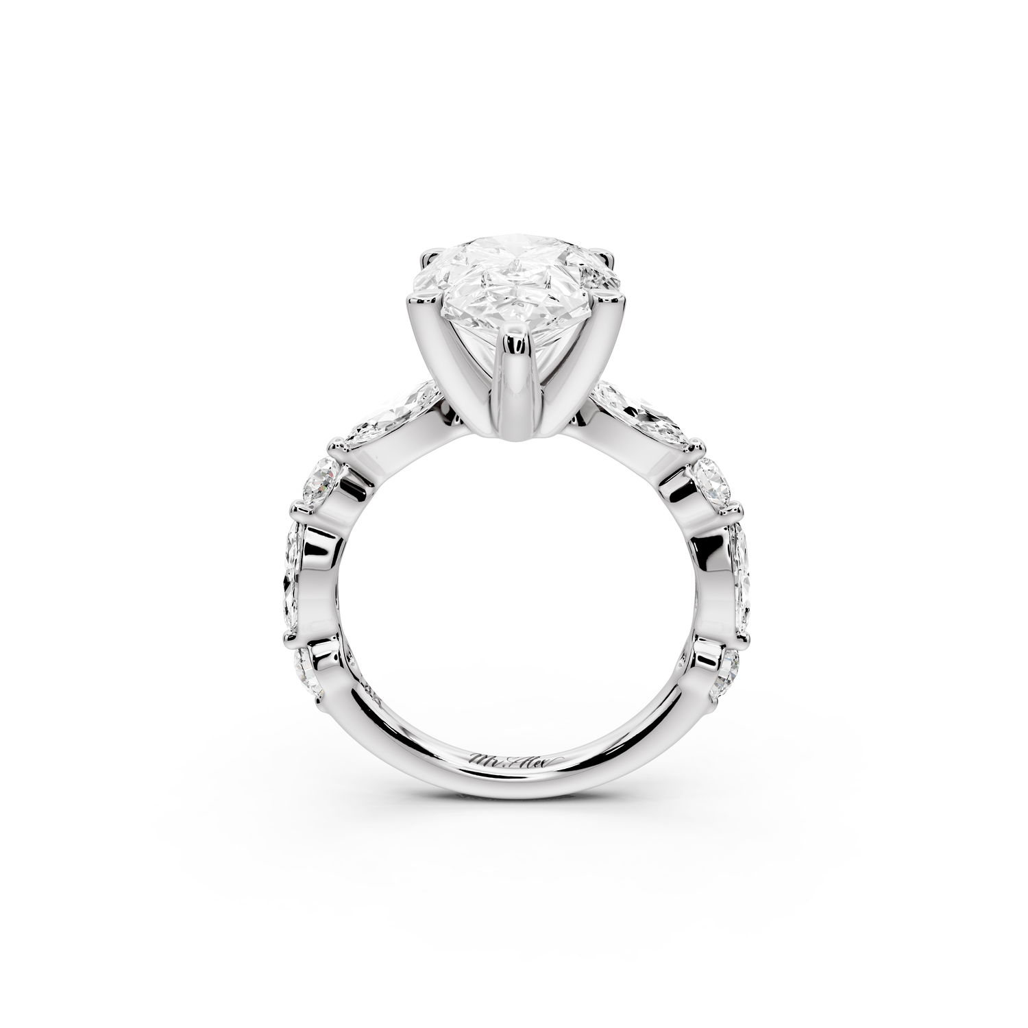 Amalia - 3ct 14k white gold pear Round Diamond with Alternating 8-Stone Marquise and Round Diamond Band Engagement Ring