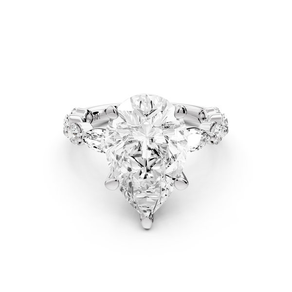 Amalia - 3ct 14k white gold pear Round Diamond with Alternating 8-Stone Marquise and Round Diamond Band Engagement Ring