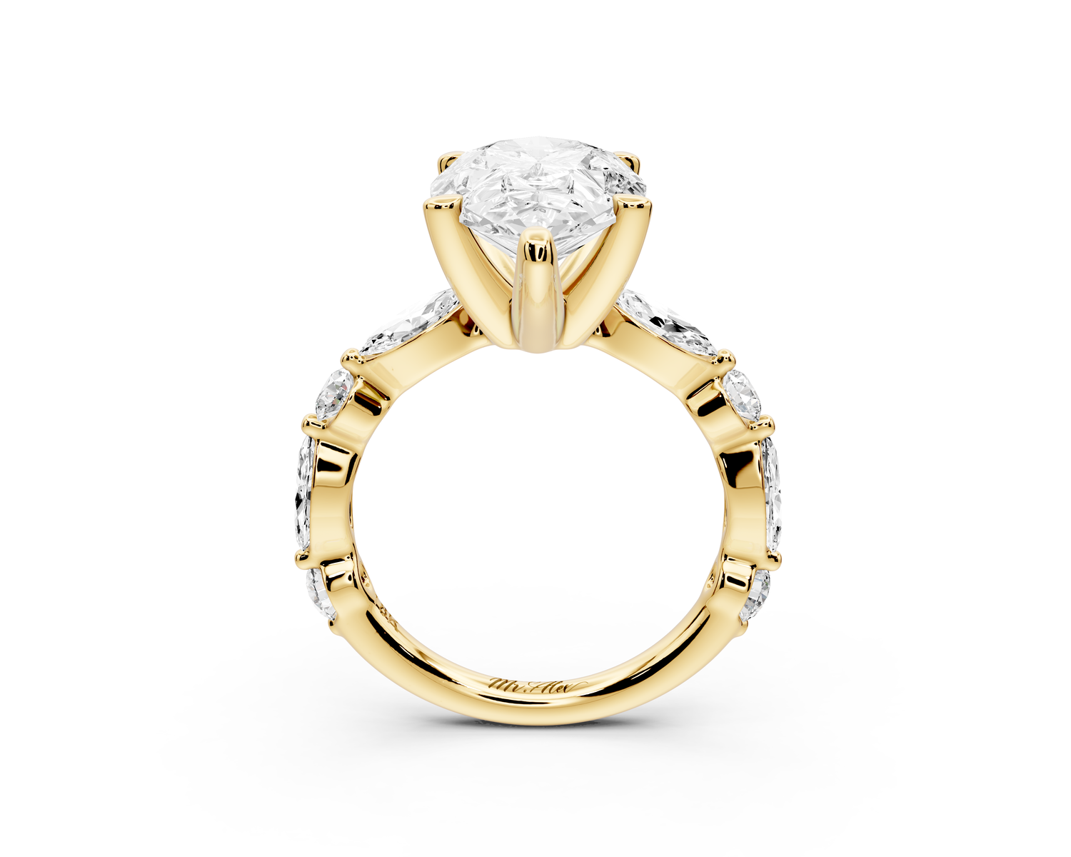 Amalia - 3ct 14k yellow gold pear Round Diamond with Alternating 8-Stone Marquise and Round Diamond Band Engagement Ring