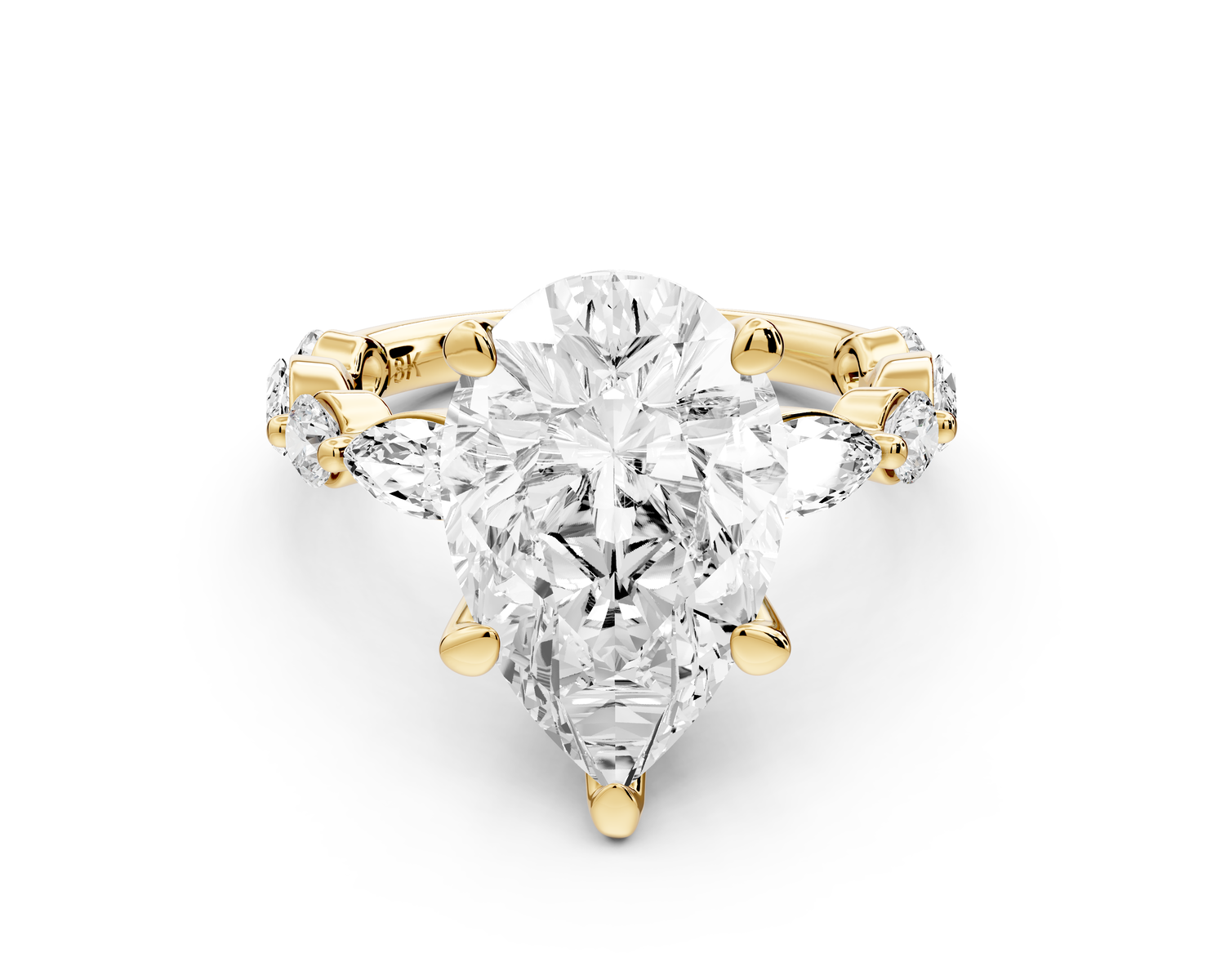 Amalia - 3ct 14k yellow gold pear Round Diamond with Alternating 8-Stone Marquise and Round Diamond Band Engagement Ring