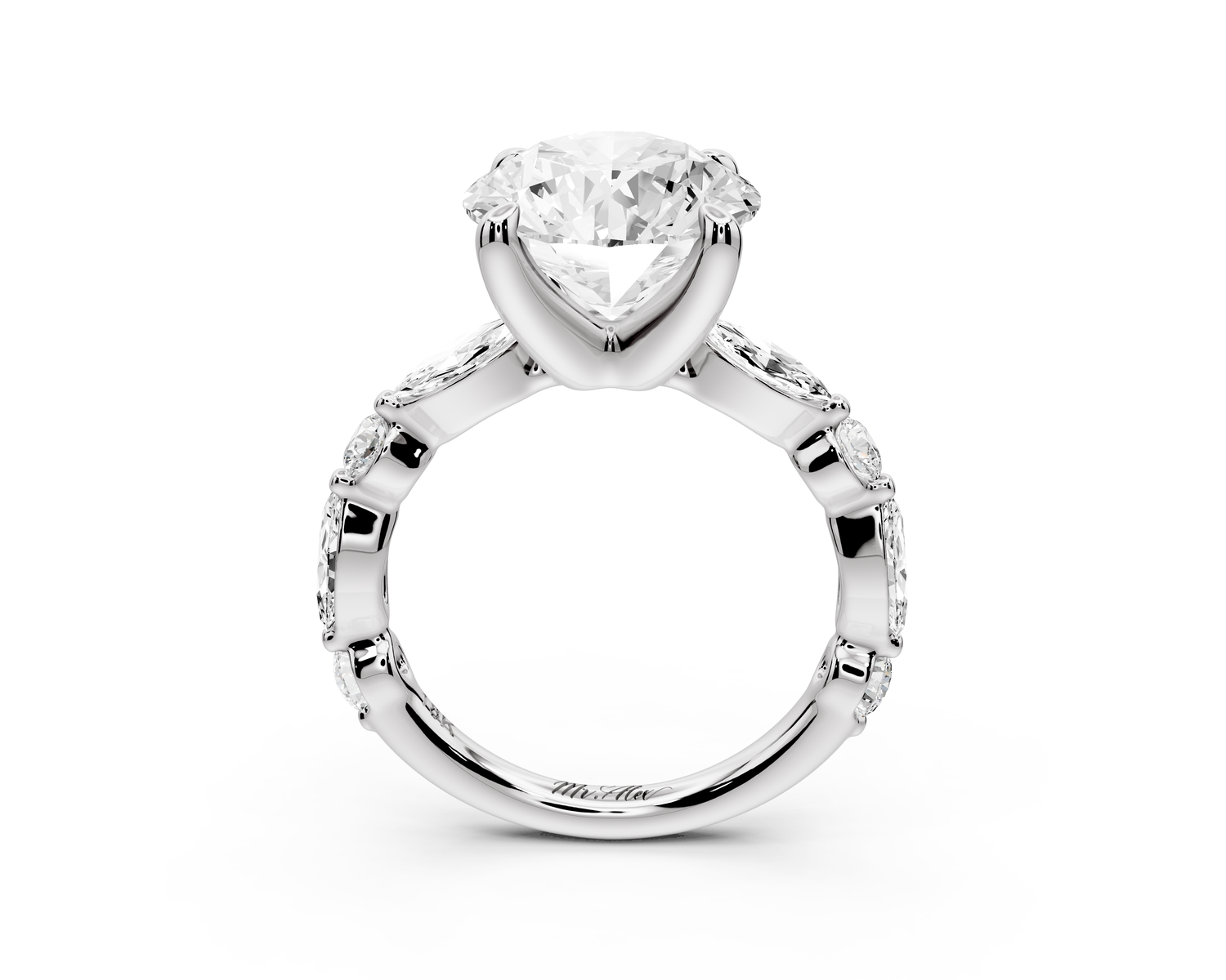 Amalia - 3ct platinum round Round Diamond with Alternating 8-Stone Marquise and Round Diamond Band Engagement Ring