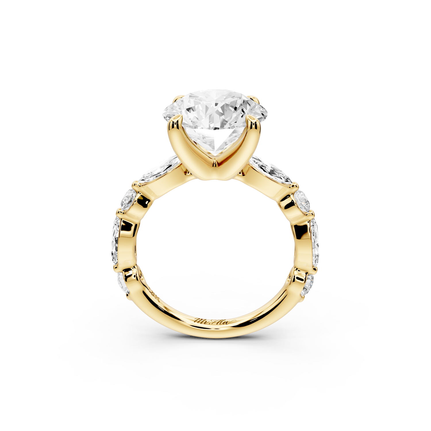 Amalia - 3ct 14k yellow gold round Round Diamond with Alternating 8-Stone Marquise and Round Diamond Band Engagement Ring