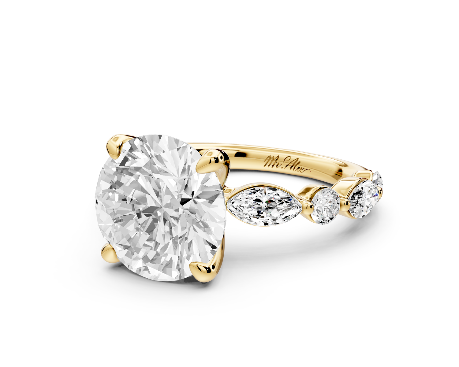 Amalia - 3ct 18k yellow gold round Round Diamond with Alternating 8-Stone Marquise and Round Diamond Band Engagement Ring