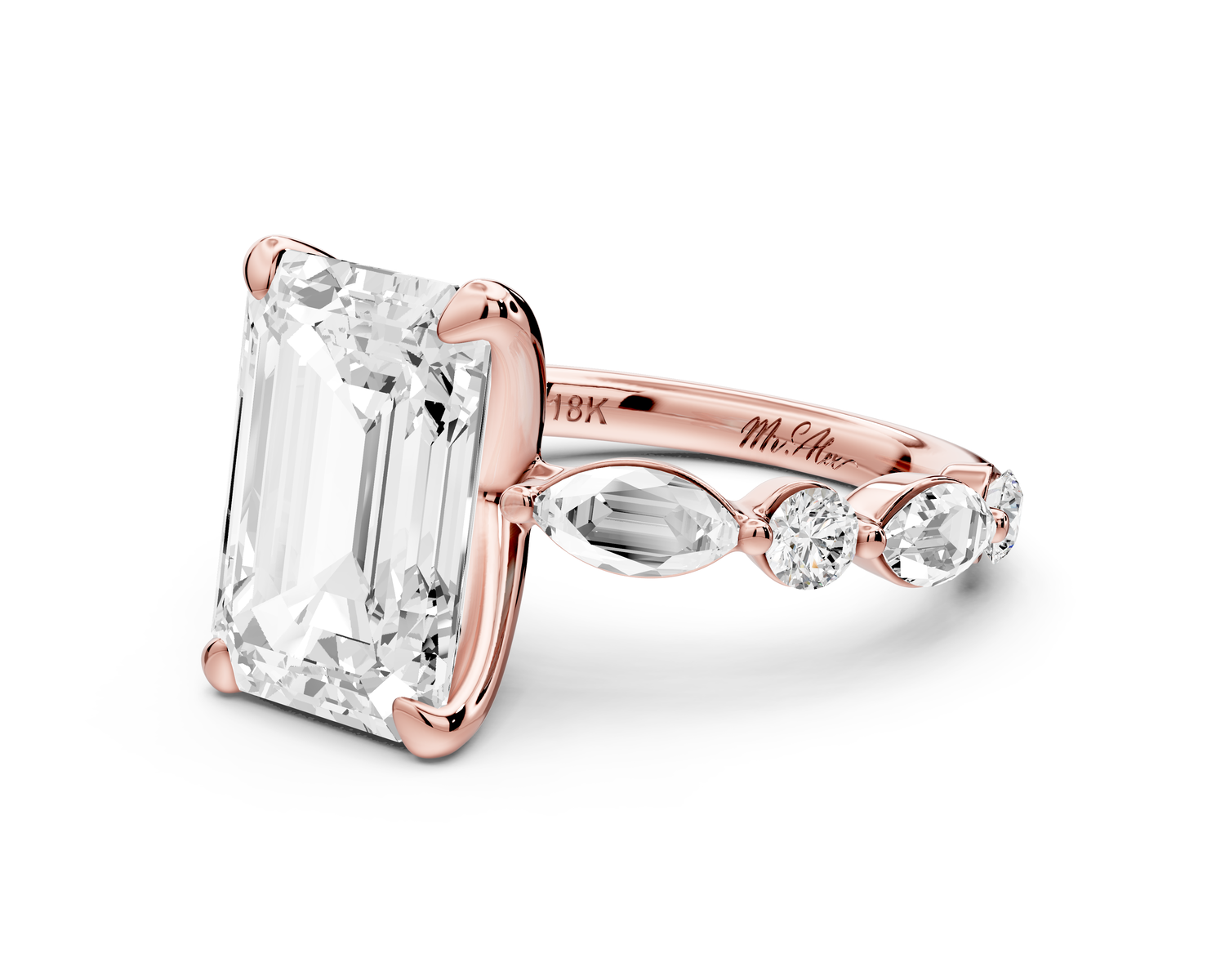 Amalia - 4ct 14k rose gold emerald Round Diamond with Alternating 8-Stone Marquise and Round Diamond Band Engagement Ring