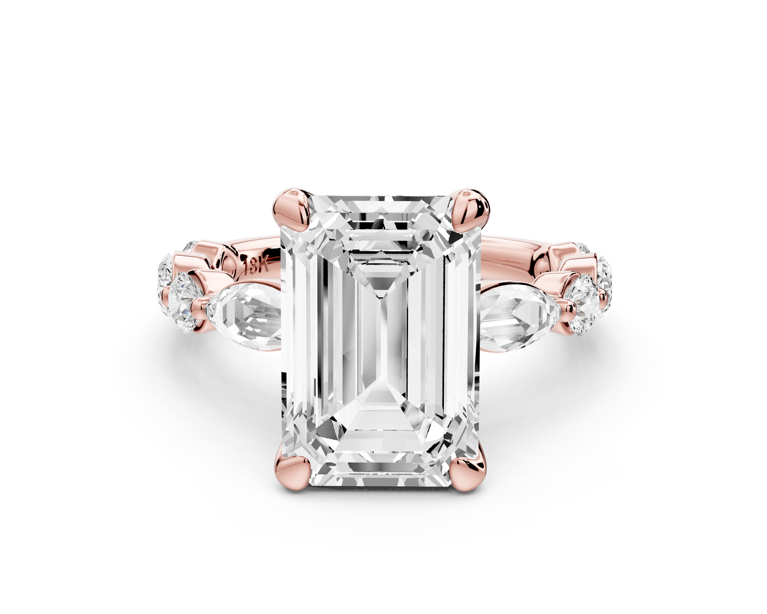 Amalia - 4ct 14k rose gold emerald Round Diamond with Alternating 8-Stone Marquise and Round Diamond Band Engagement Ring