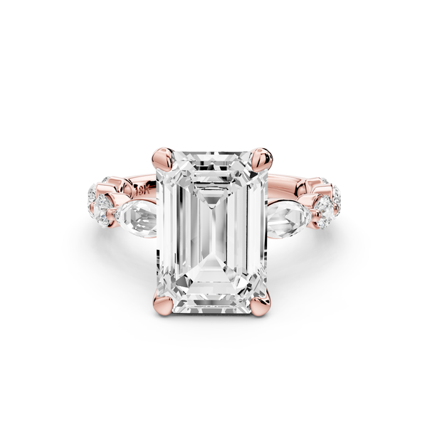 Amalia - 4ct 14k rose gold emerald Round Diamond with Alternating 8-Stone Marquise and Round Diamond Band Engagement Ring