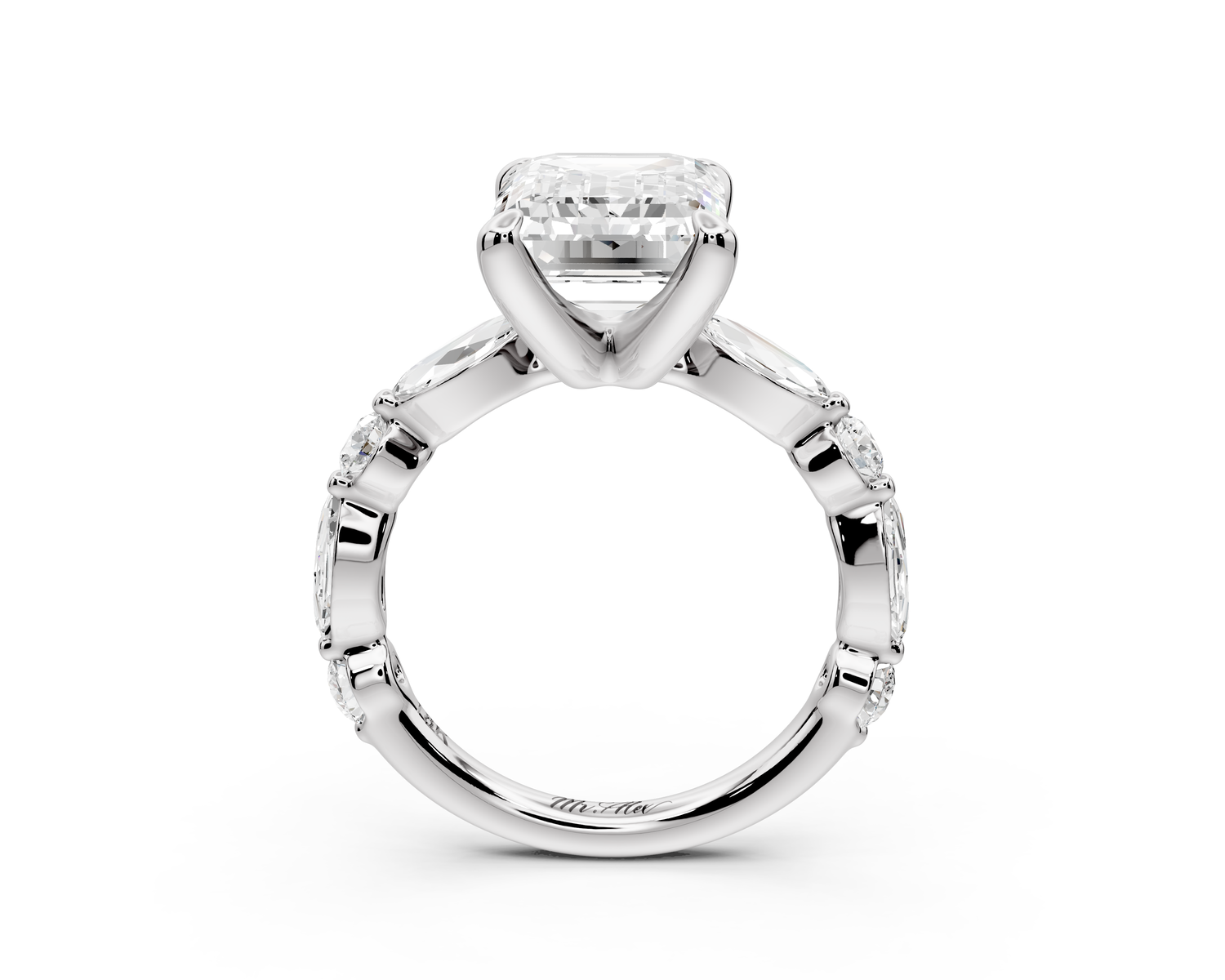 Amalia - 4ct 14k white gold emerald Round Diamond with Alternating 8-Stone Marquise and Round Diamond Band Engagement Ring