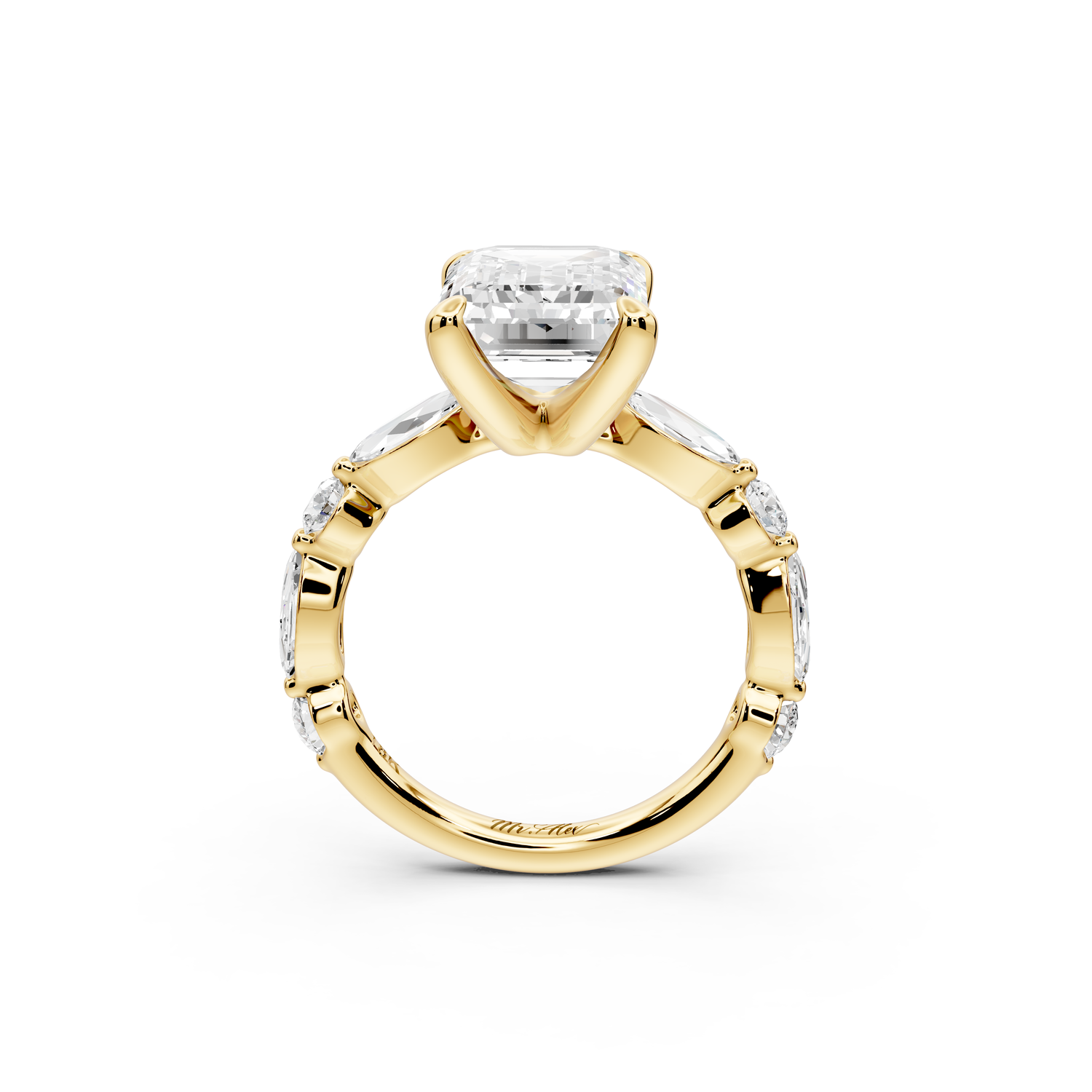 Amalia - 4ct 14k yellow gold emerald Round Diamond with Alternating 8-Stone Marquise and Round Diamond Band Engagement Ring