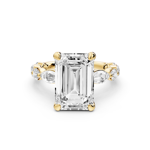 Amalia - 4ct 14k yellow gold emerald Round Diamond with Alternating 8-Stone Marquise and Round Diamond Band Engagement Ring