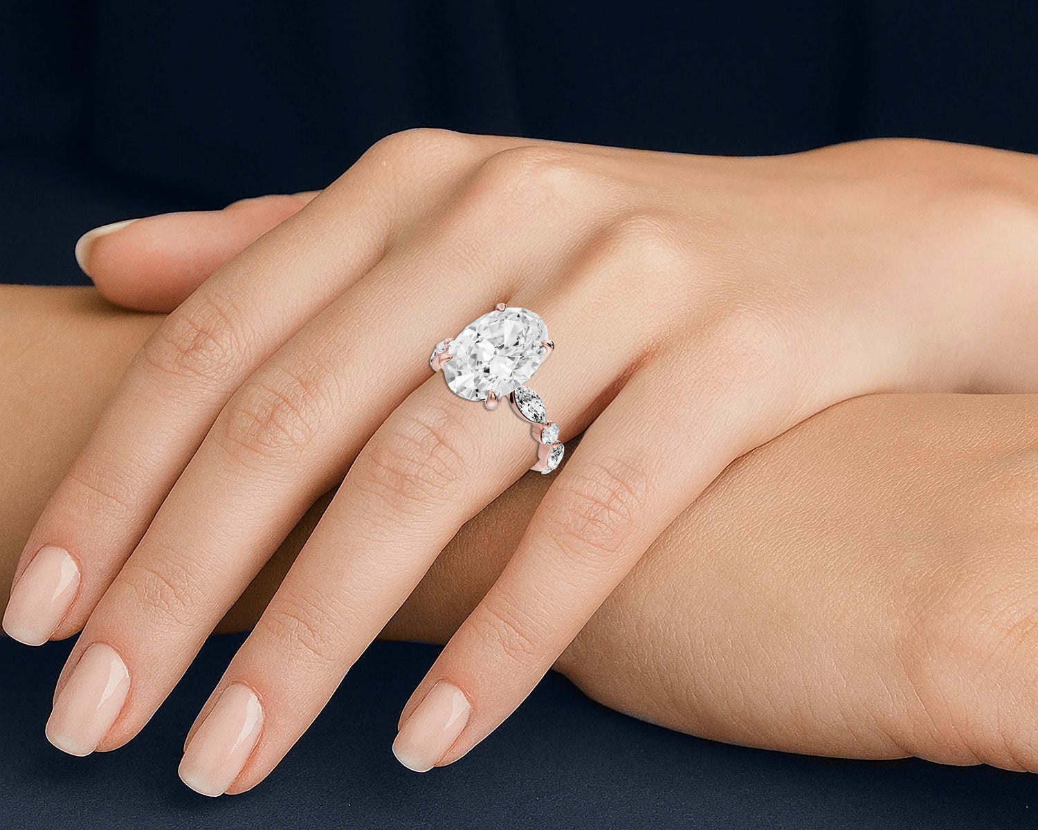 Amalia - 4ct 14k rose gold oval Round Diamond with Alternating 8-Stone Marquise and Round Diamond Band Engagement Ring