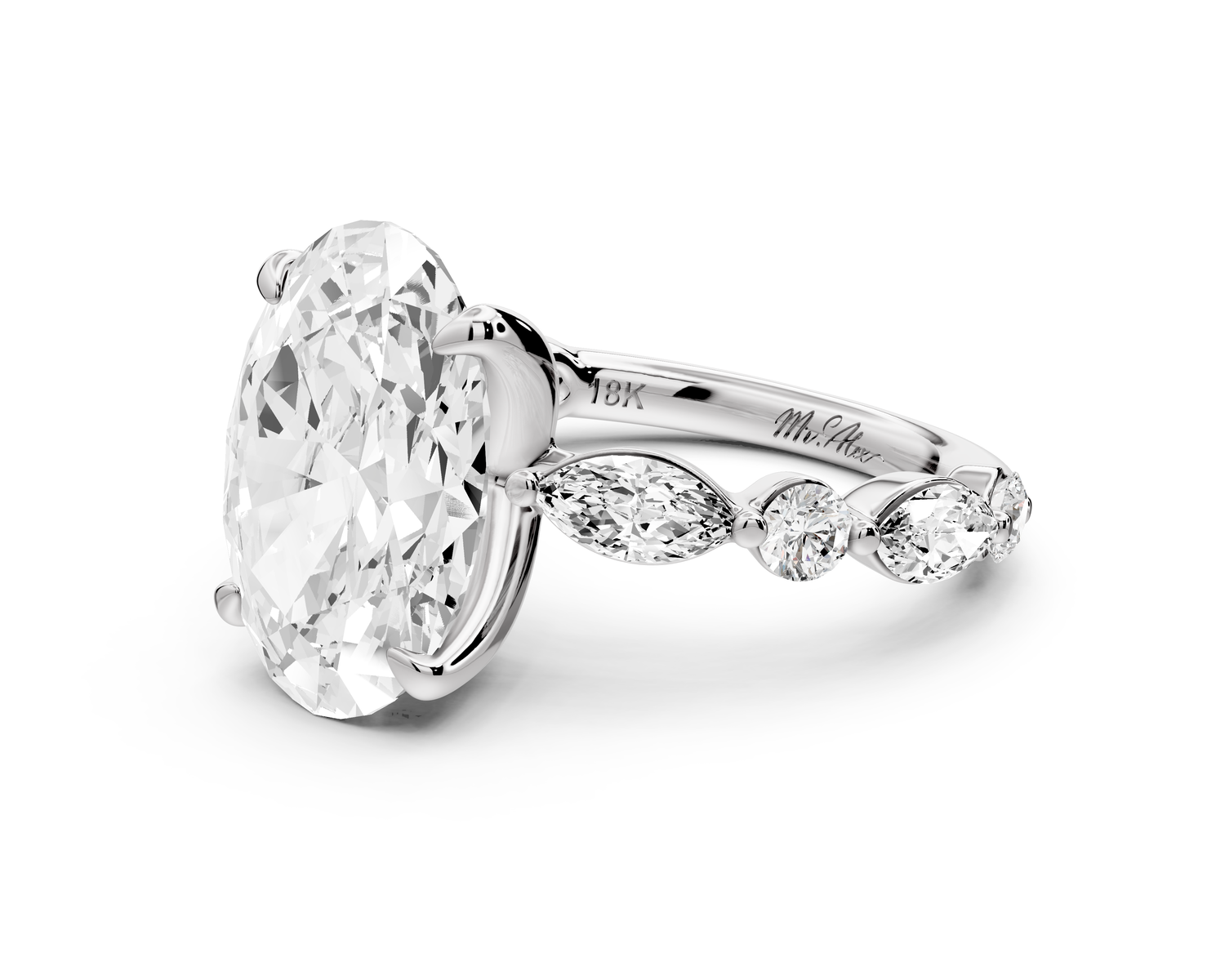 Amalia - 4ct 14k white gold oval Round Diamond with Alternating 8-Stone Marquise and Round Diamond Band Engagement Ring