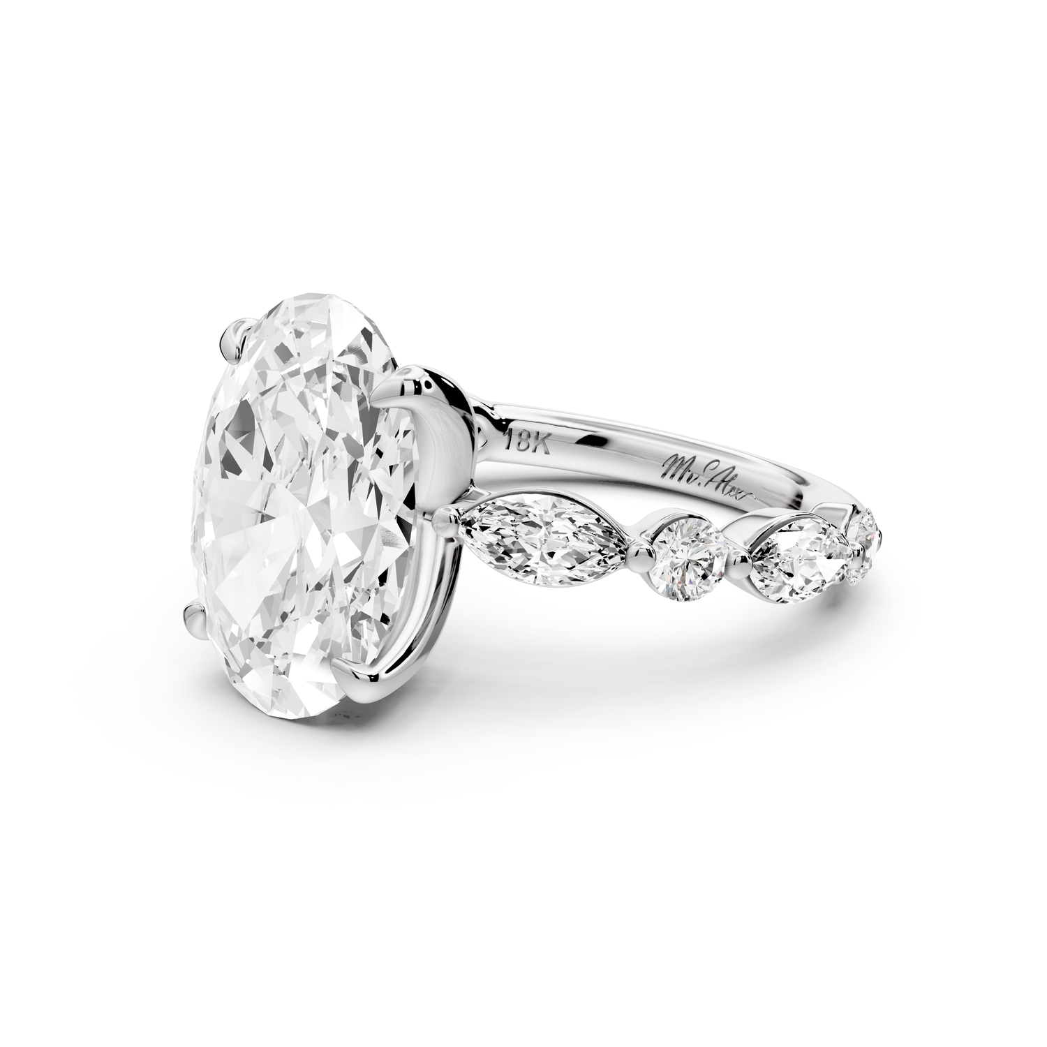 Amalia - 4ct 14k white gold oval Round Diamond with Alternating 8-Stone Marquise and Round Diamond Band Engagement Ring