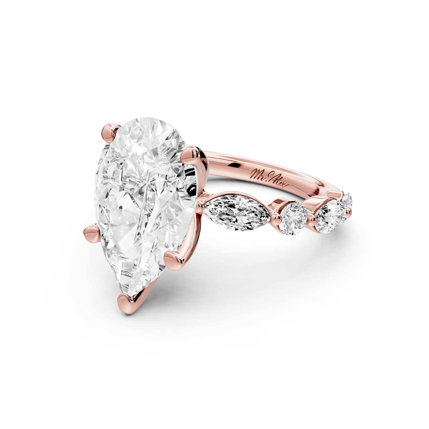 Amalia - 4ct 18k rose gold pear Round Diamond with Alternating 8-Stone Marquise and Round Diamond Band Engagement Ring