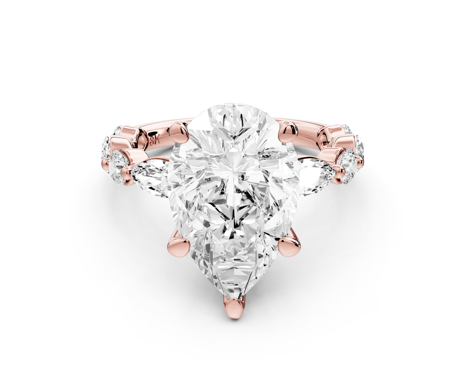 Amalia - 4ct 14k rose gold pear Round Diamond with Alternating 8-Stone Marquise and Round Diamond Band Engagement Ring