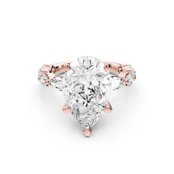 Amalia - 4ct 14k rose gold pear Round Diamond with Alternating 8-Stone Marquise and Round Diamond Band Engagement Ring