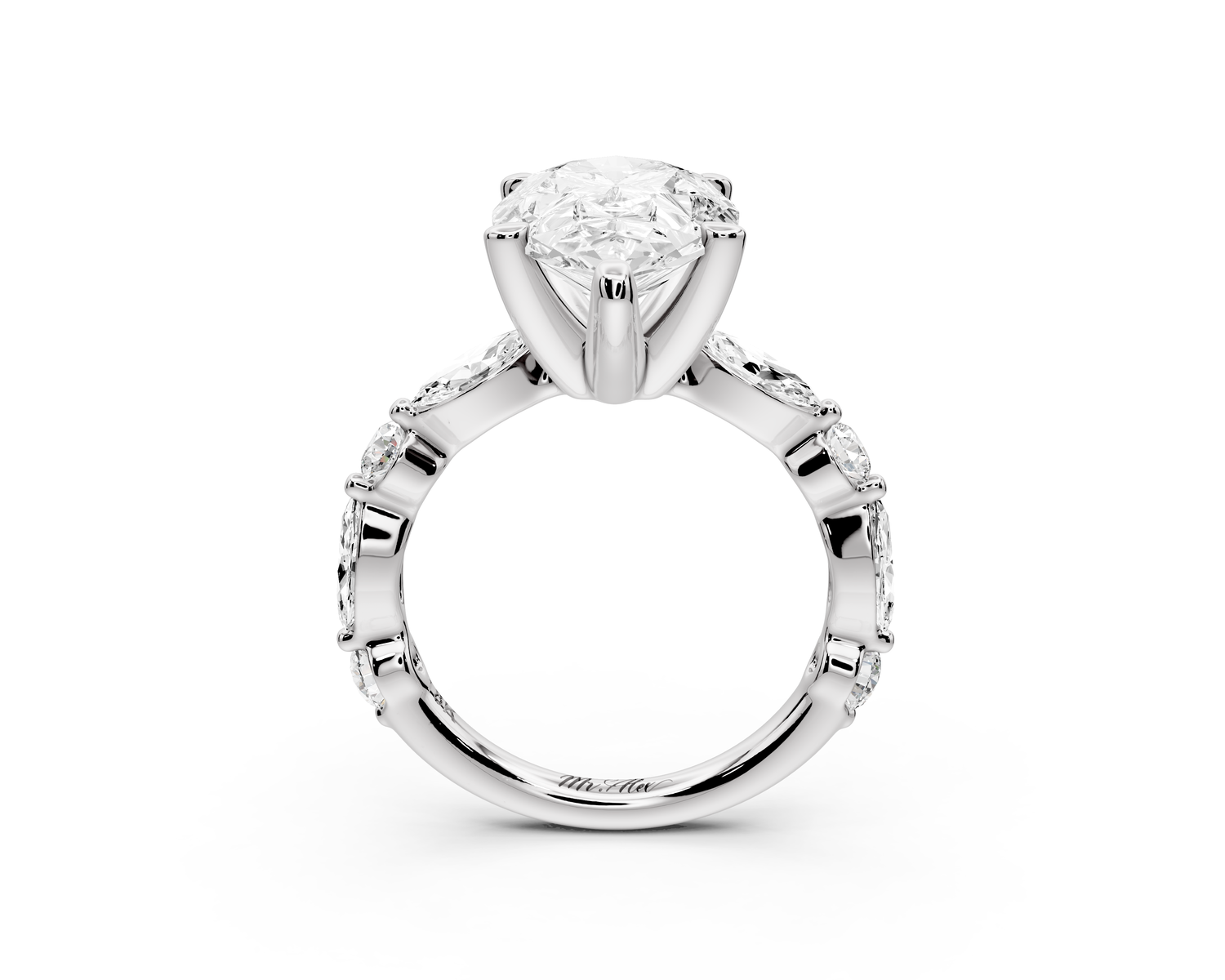 Amalia - 4ct 14k white gold pear Round Diamond with Alternating 8-Stone Marquise and Round Diamond Band Engagement Ring