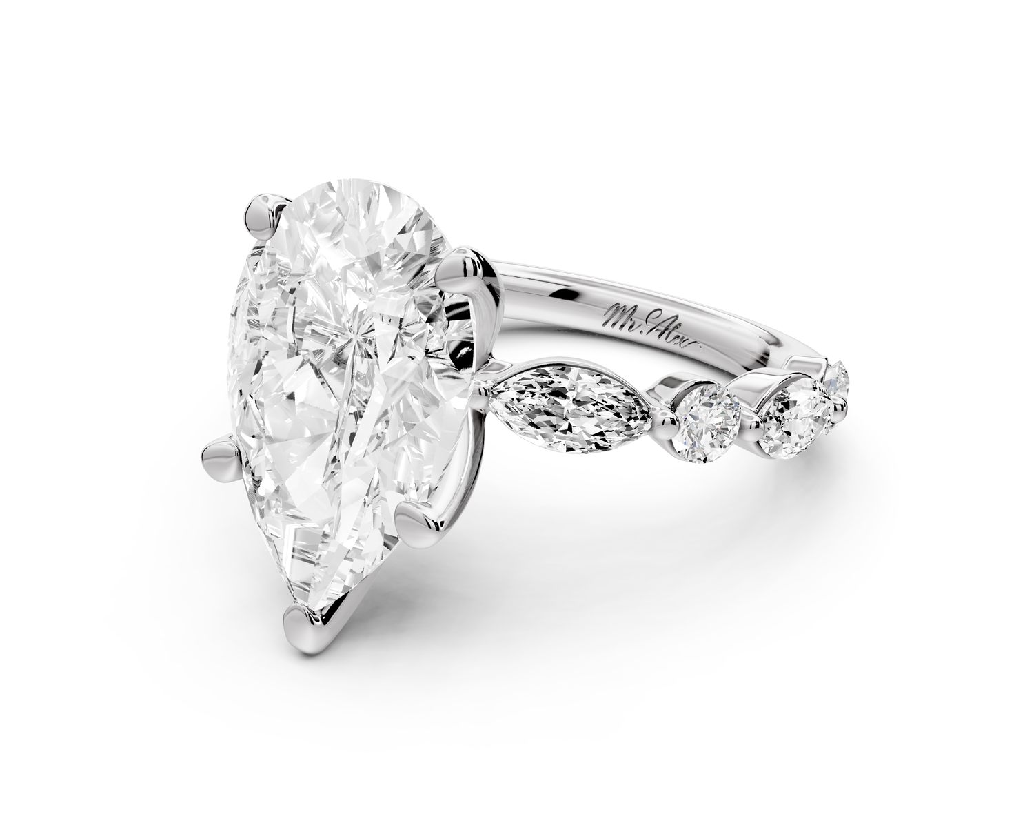 Amalia - 4ct 14k white gold pear Round Diamond with Alternating 8-Stone Marquise and Round Diamond Band Engagement Ring