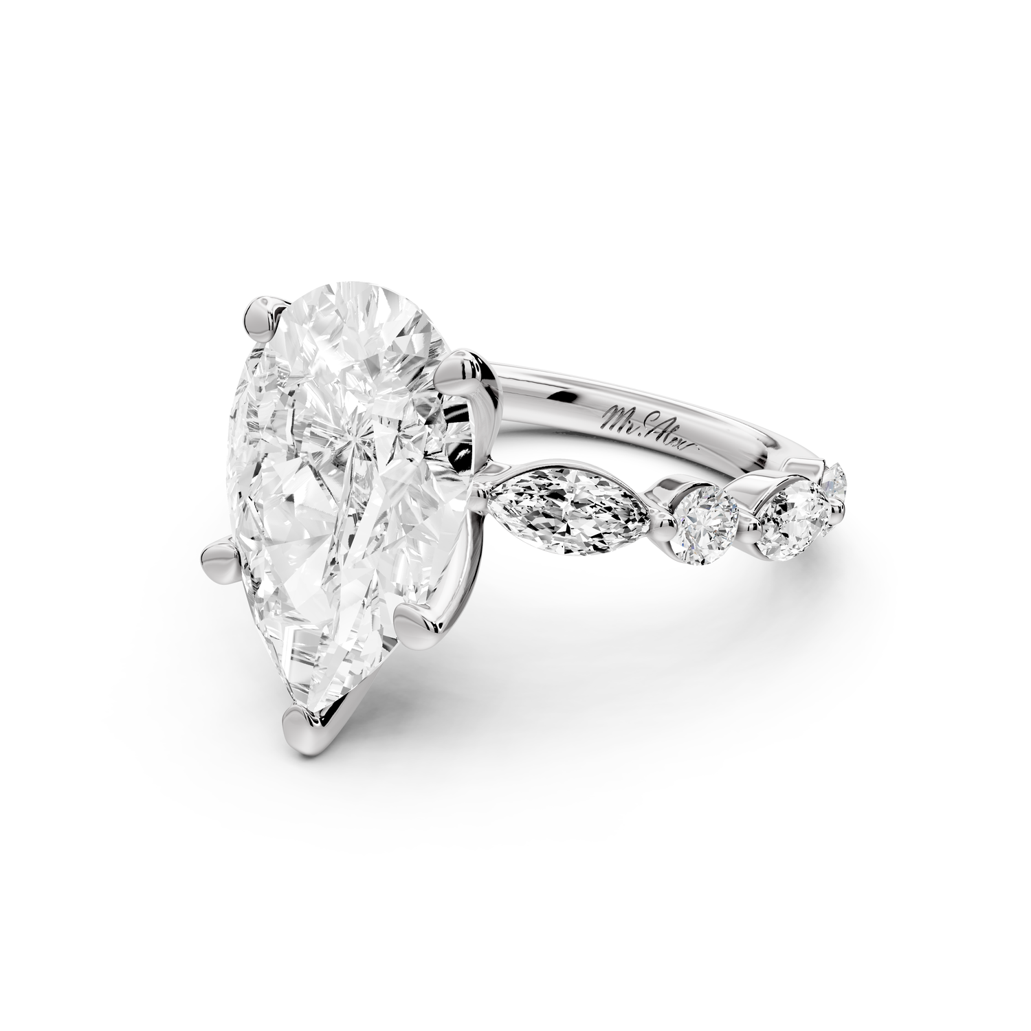 Amalia - 4ct 14k white gold pear Round Diamond with Alternating 8-Stone Marquise and Round Diamond Band Engagement Ring