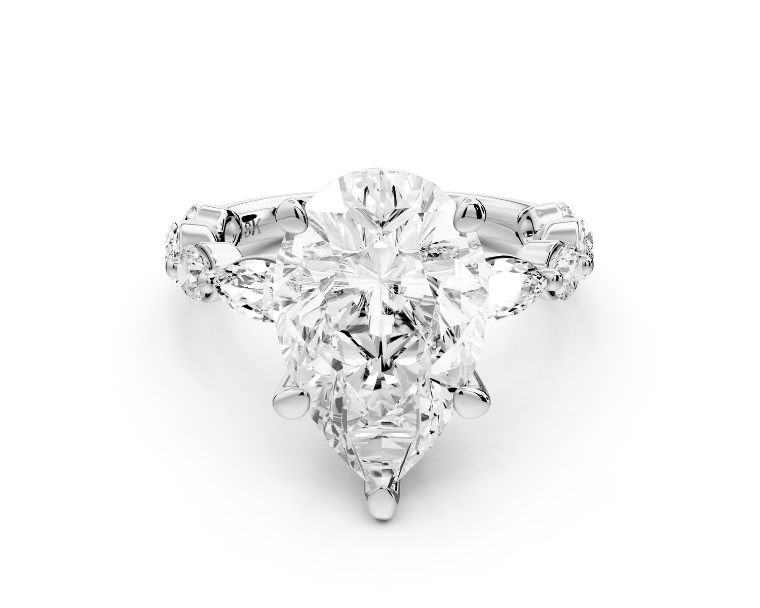 Amalia - 4ct 14k white gold pear Round Diamond with Alternating 8-Stone Marquise and Round Diamond Band Engagement Ring