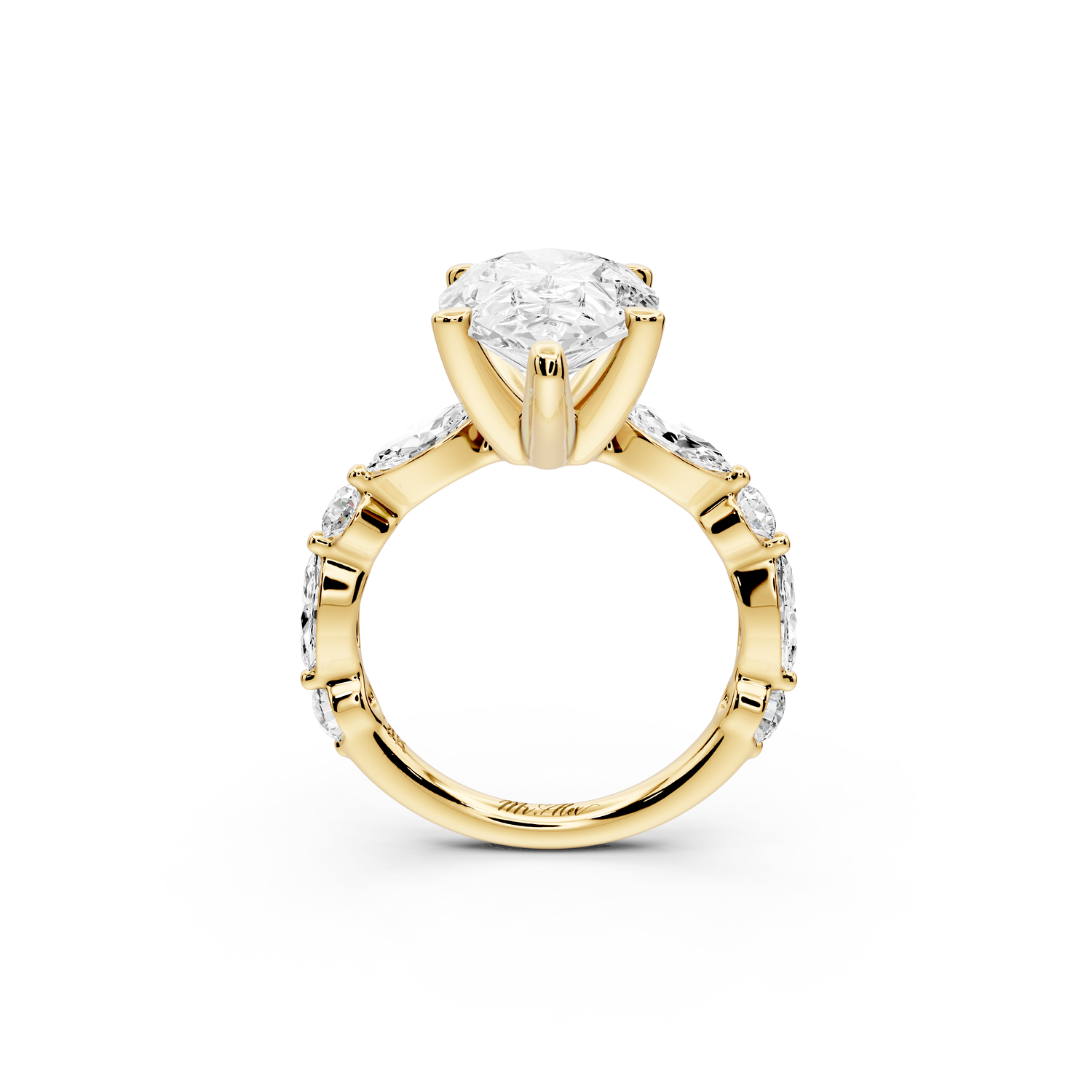 Amalia - 4ct 14k yellow gold pear Round Diamond with Alternating 8-Stone Marquise and Round Diamond Band Engagement Ring