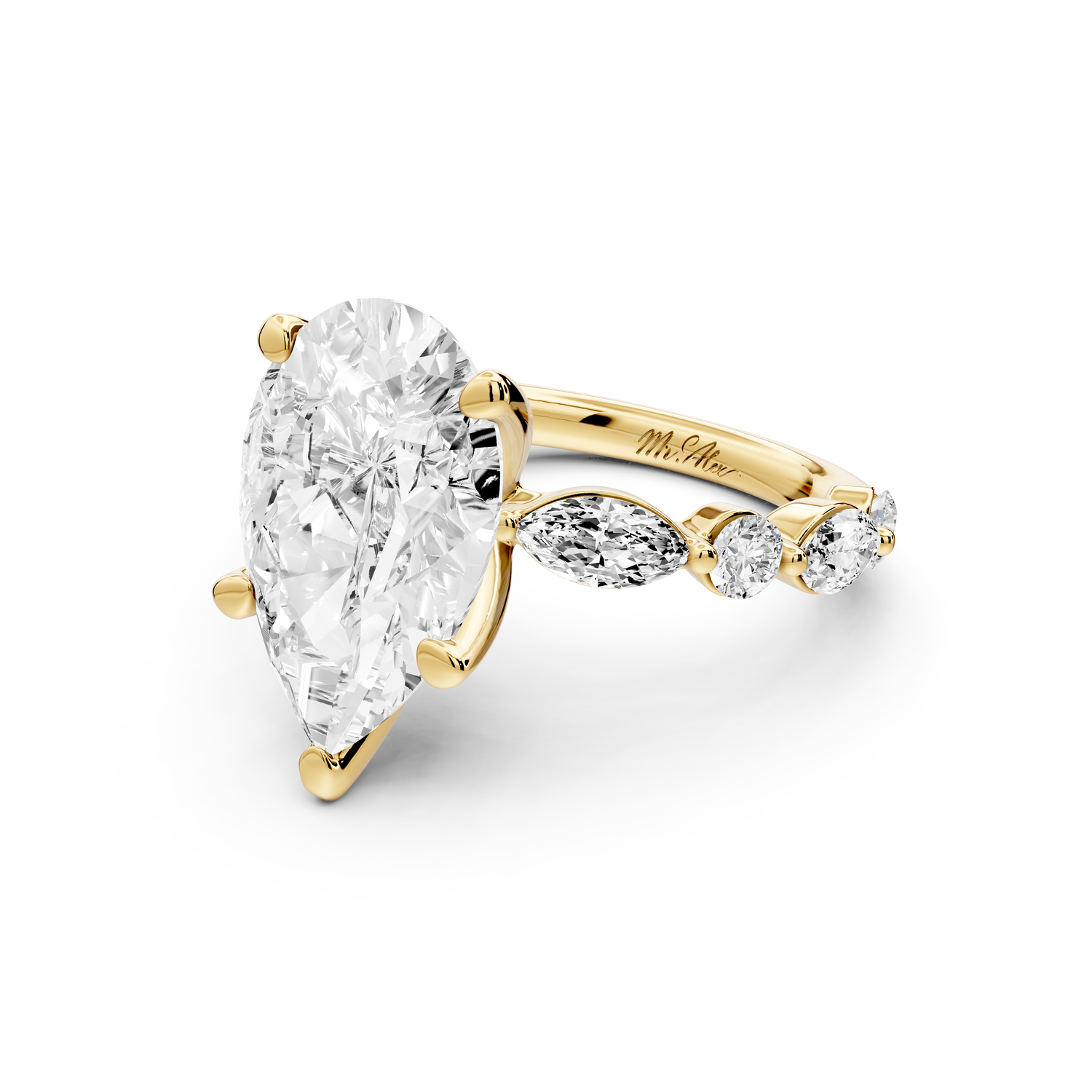 Amalia - 4ct 14k yellow gold pear Round Diamond with Alternating 8-Stone Marquise and Round Diamond Band Engagement Ring