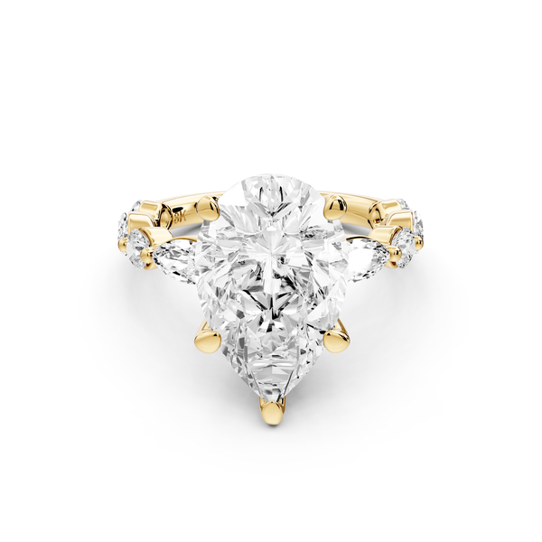 Amalia - 4ct 18k yellow gold pear Round Diamond with Alternating 8-Stone Marquise and Round Diamond Band Engagement Ring