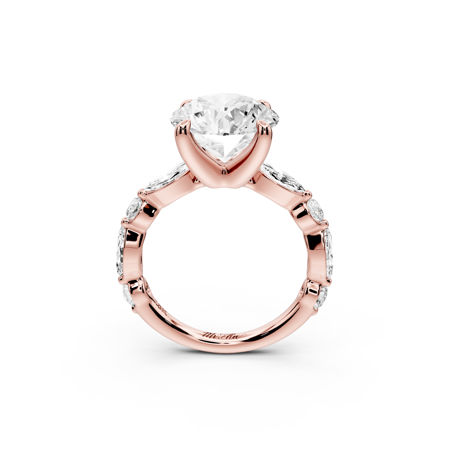 Amalia - 4ct 14k rose gold round Round Diamond with Alternating 8-Stone Marquise and Round Diamond Band Engagement Ring