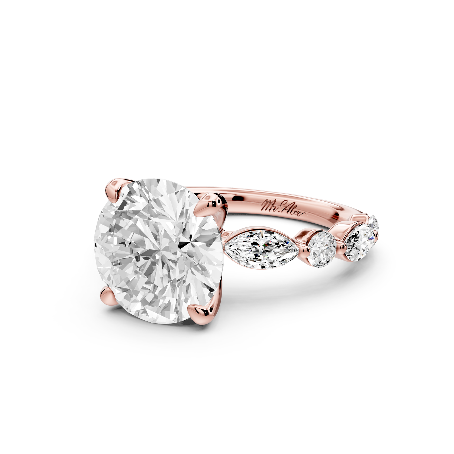 Amalia - 4ct 14k rose gold round Round Diamond with Alternating 8-Stone Marquise and Round Diamond Band Engagement Ring