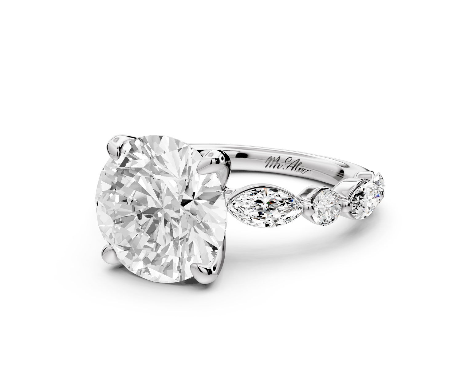 Amalia - 4ct platinum round Round Diamond with Alternating 8-Stone Marquise and Round Diamond Band Engagement Ring