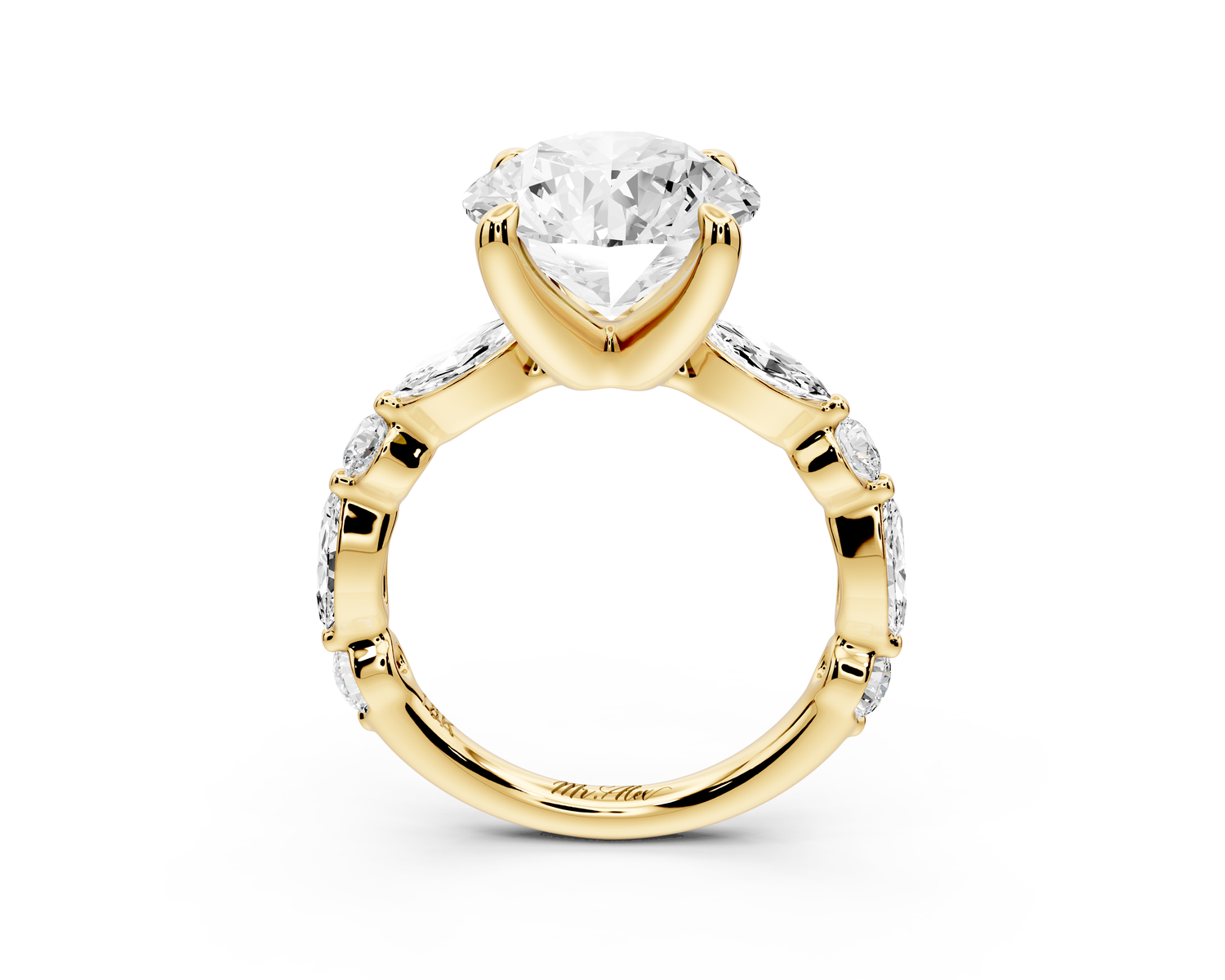 Amalia - 4ct 18k yellow gold round Round Diamond with Alternating 8-Stone Marquise and Round Diamond Band Engagement Ring