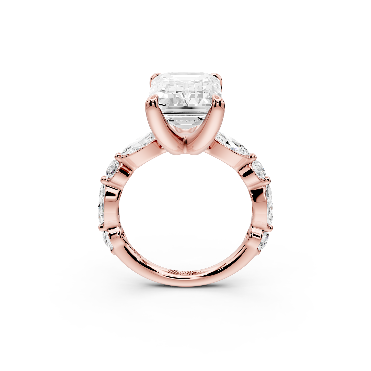 Amalia - 5ct 14k rose gold emerald Round Diamond with Alternating 8-Stone Marquise and Round Diamond Band Engagement Ring