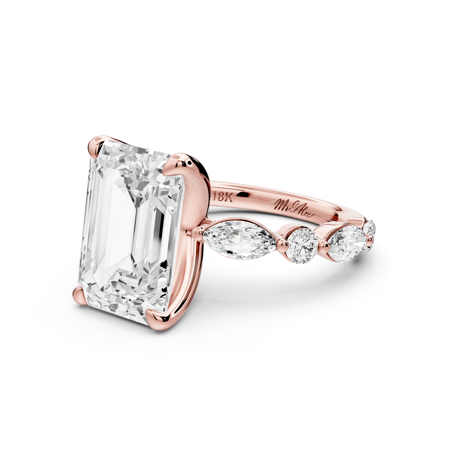 Amalia - 5ct 14k rose gold emerald Round Diamond with Alternating 8-Stone Marquise and Round Diamond Band Engagement Ring