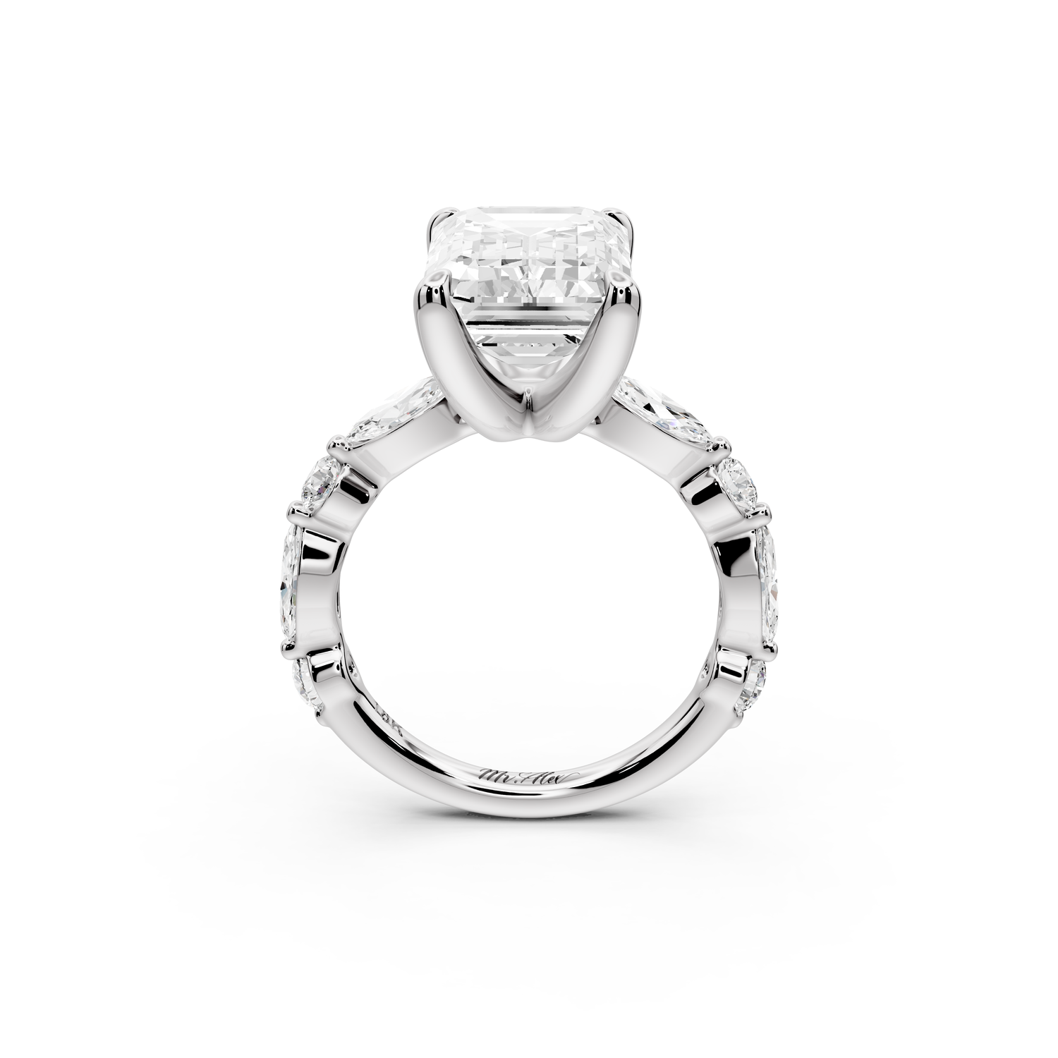 Amalia - 5ct 14k white gold emerald Round Diamond with Alternating 8-Stone Marquise and Round Diamond Band Engagement Ring