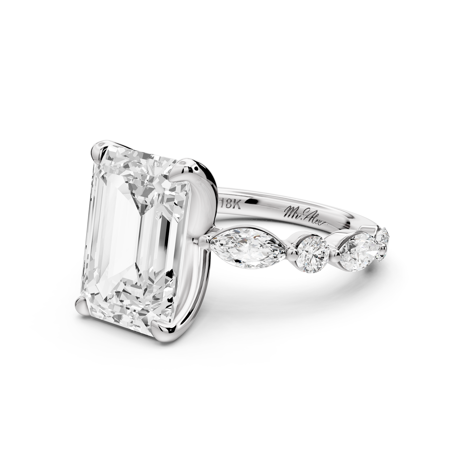 Amalia - 5ct 14k white gold emerald Round Diamond with Alternating 8-Stone Marquise and Round Diamond Band Engagement Ring