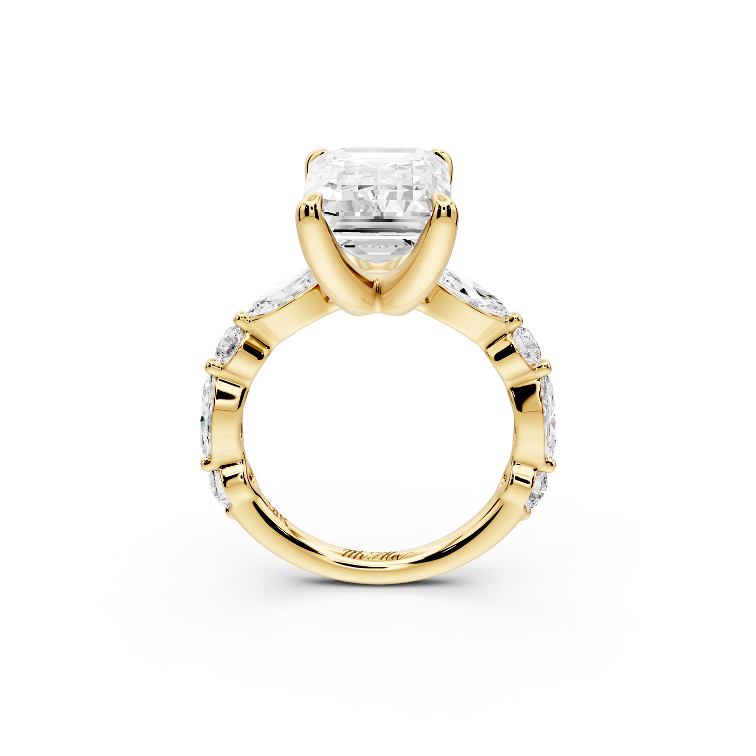 Amalia - 5ct 14k yellow gold emerald Round Diamond with Alternating 8-Stone Marquise and Round Diamond Band Engagement Ring